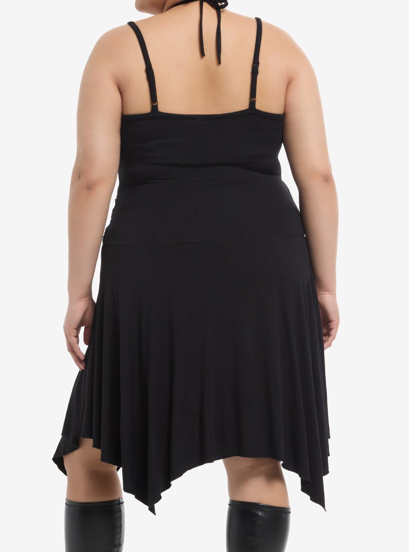 Cosmic Aura Black Ruched Hanky Hem Dress Plus Size, BLACK, alternate