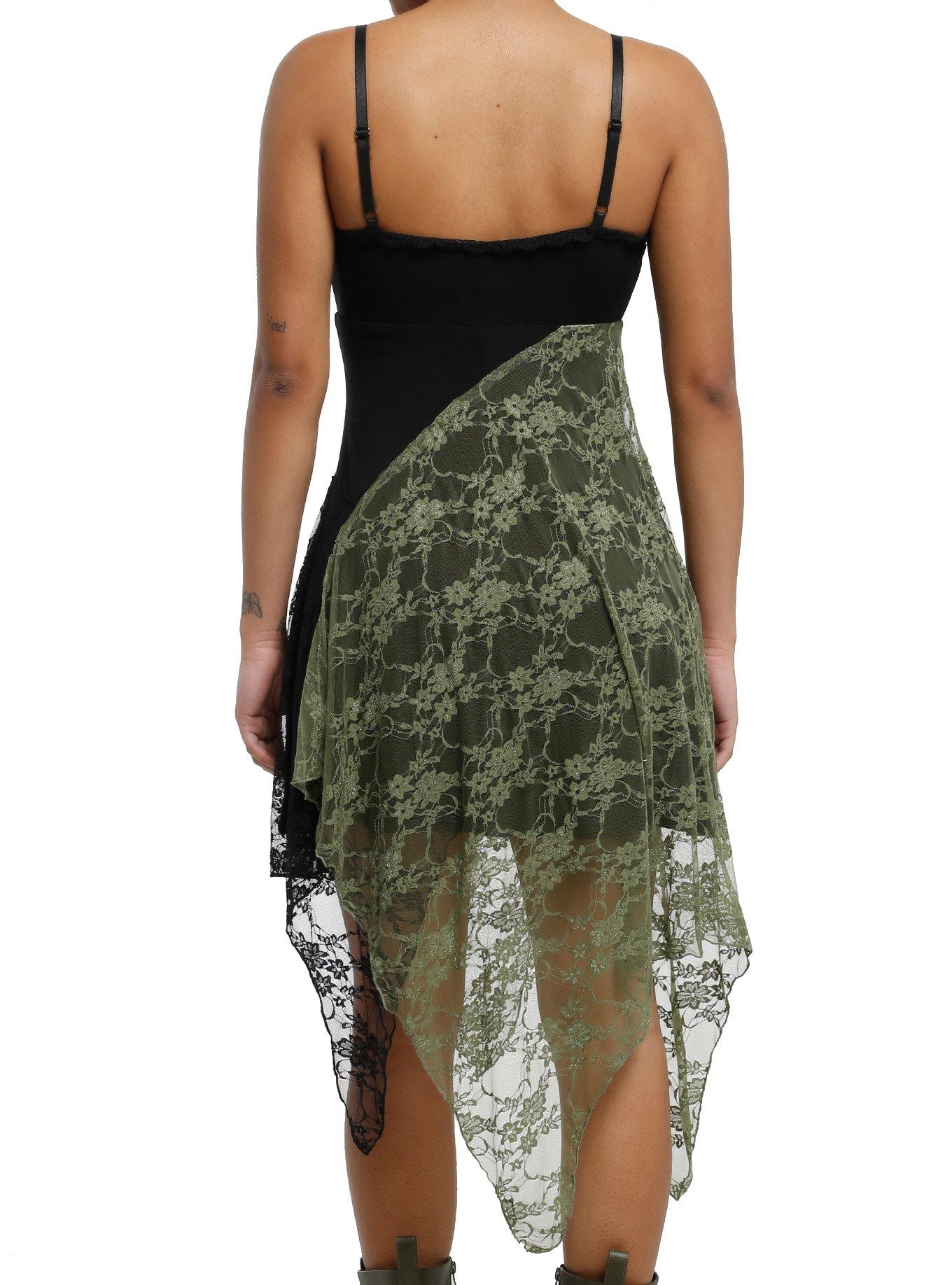 Cosmic Aura Black & Green Lace Hanky Hem Slip Dress, GREY, alternate