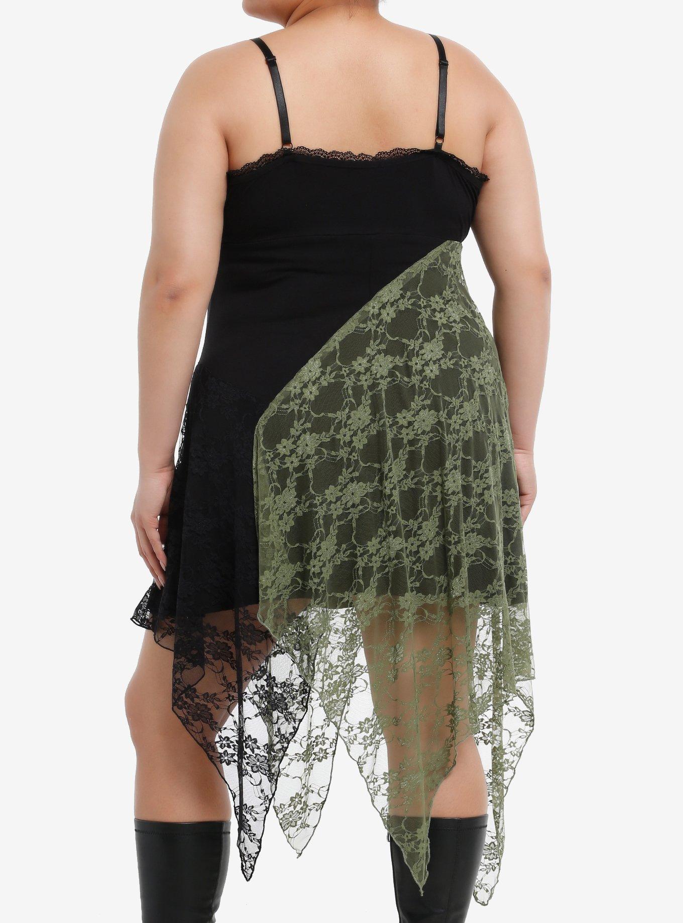 Cosmic Aura Black & Green Lace Hanky Hem Slip Dress Plus Size, GREY, alternate