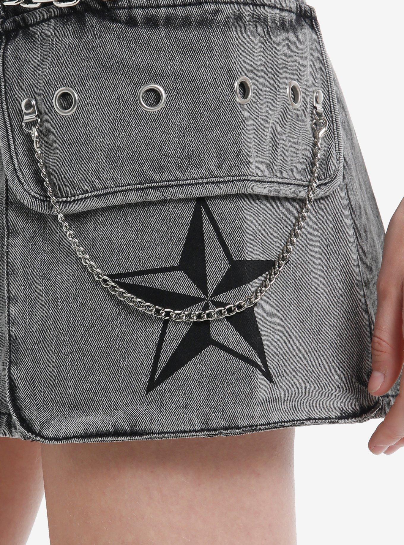 You Suck Grommet Grey Denim Mini Skirt, GREY, alternate