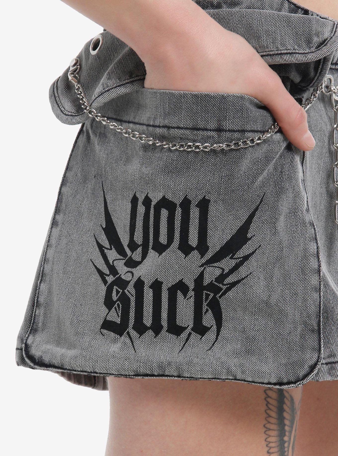 You Suck Grommet Grey Denim Mini Skirt, GREY, alternate