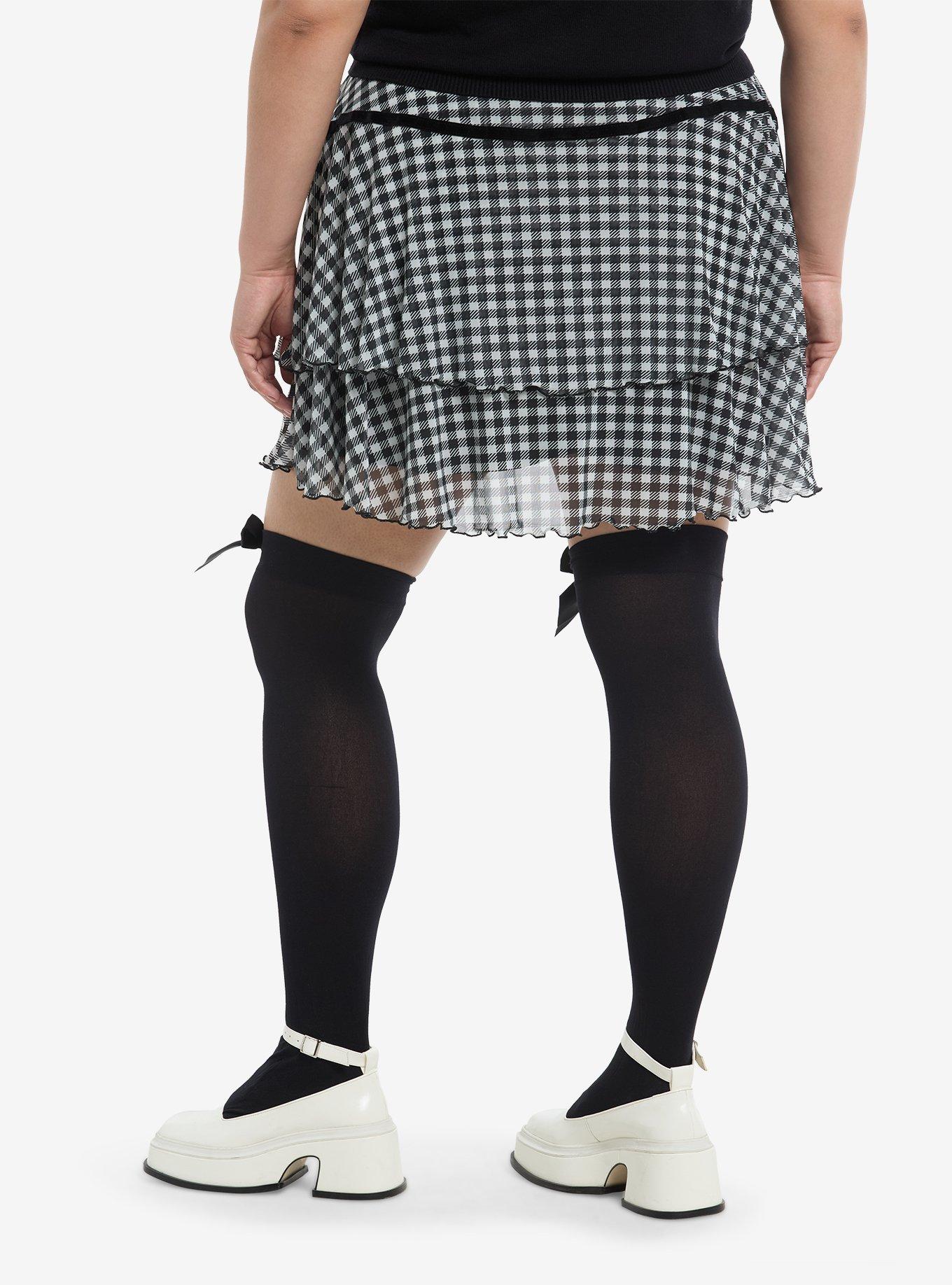 Black & White Gingham Mesh Mini Skirt Plus Size, , hi-res