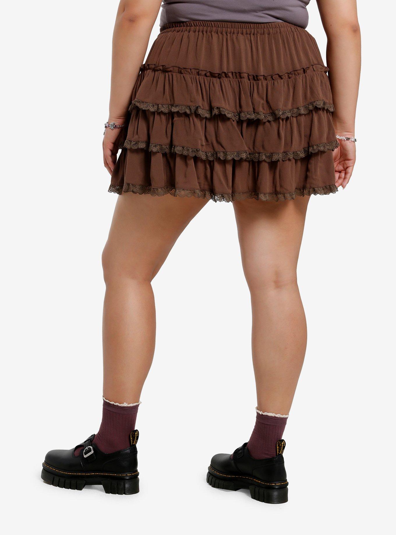 Thorn & Fable Brown Lace Trim Tiered Mini Skirt Plus Size, , hi-res
