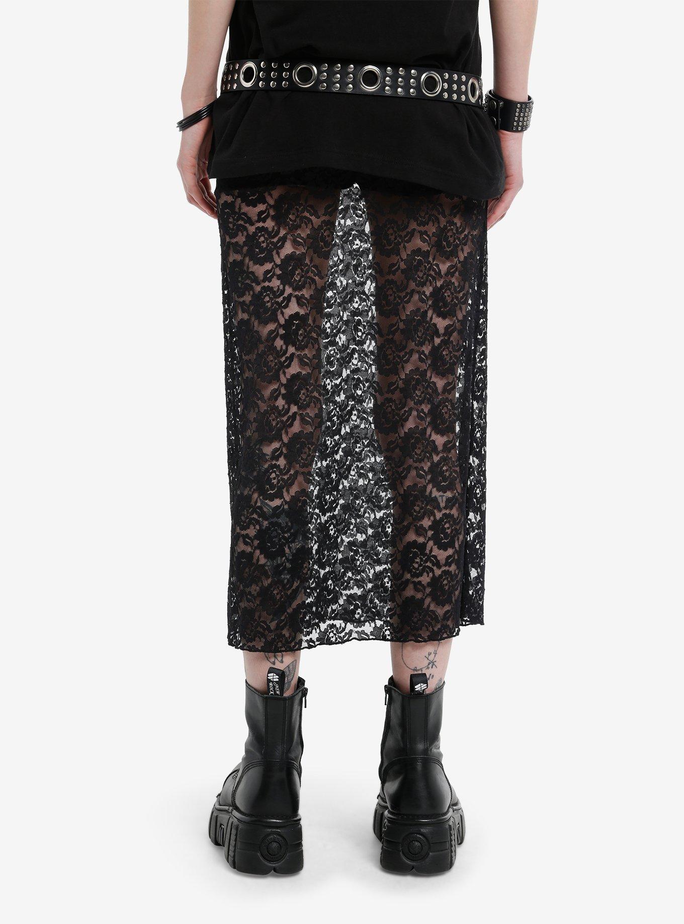 Black Floral Lace Midi Skirt, , hi-res