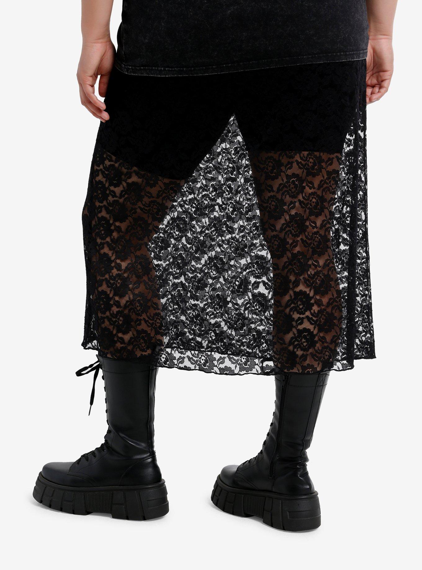 Black Floral Lace Midi Skirt Plus Size, , hi-res