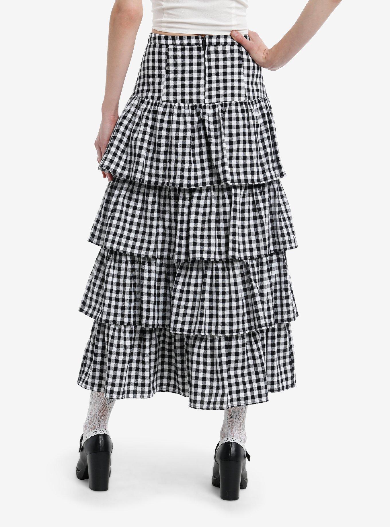 Thorn & Fable Black & White Gingham Tiered Midi Skirt, , hi-res