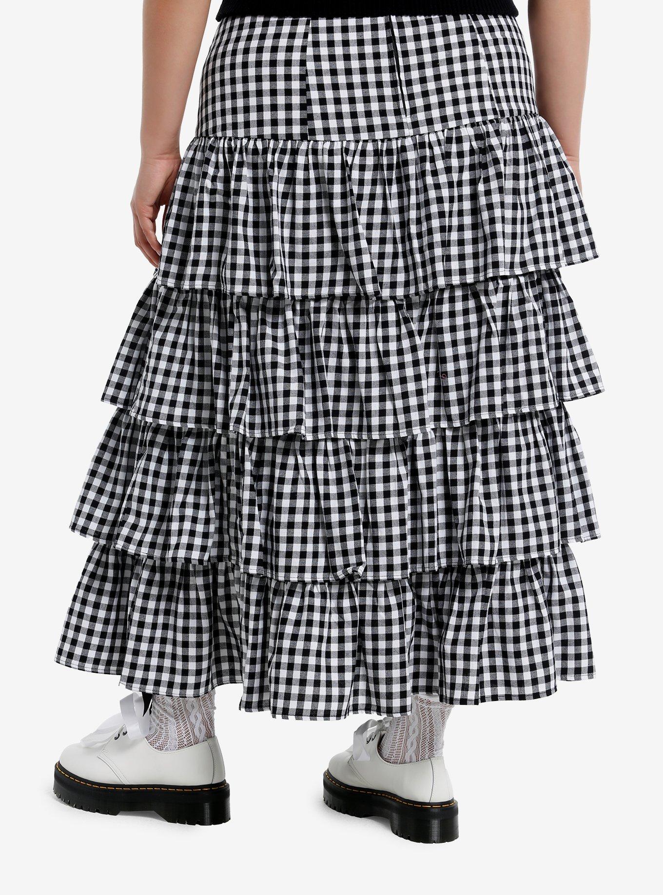 Thorn & Fable Black & White Gingham Tiered Midi Skirt Plus Size, BLACK, alternate