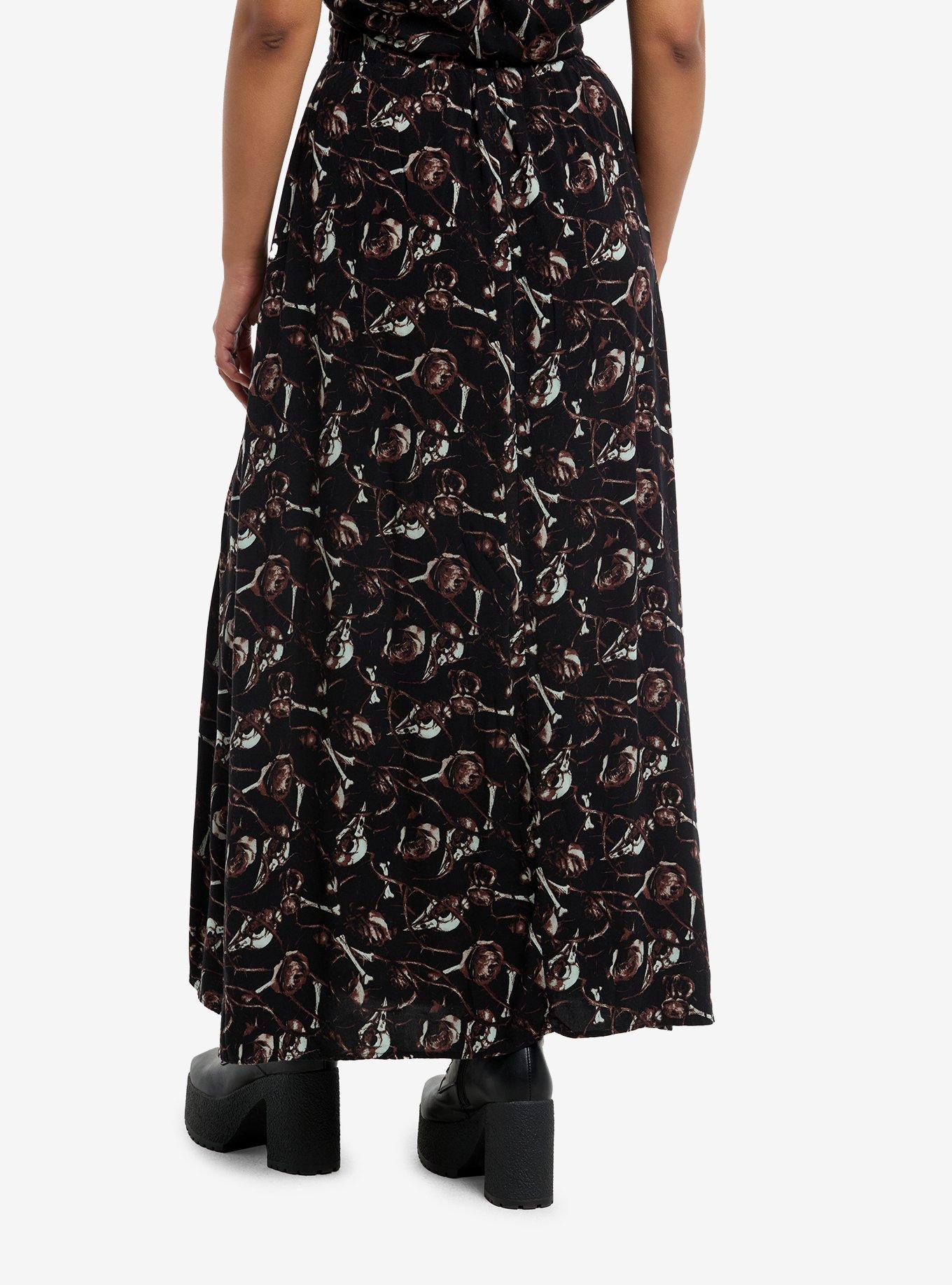 Cosmic Aura Brown Bird Skull Rose & Grommet Tape Maxi Skirt, , hi-res
