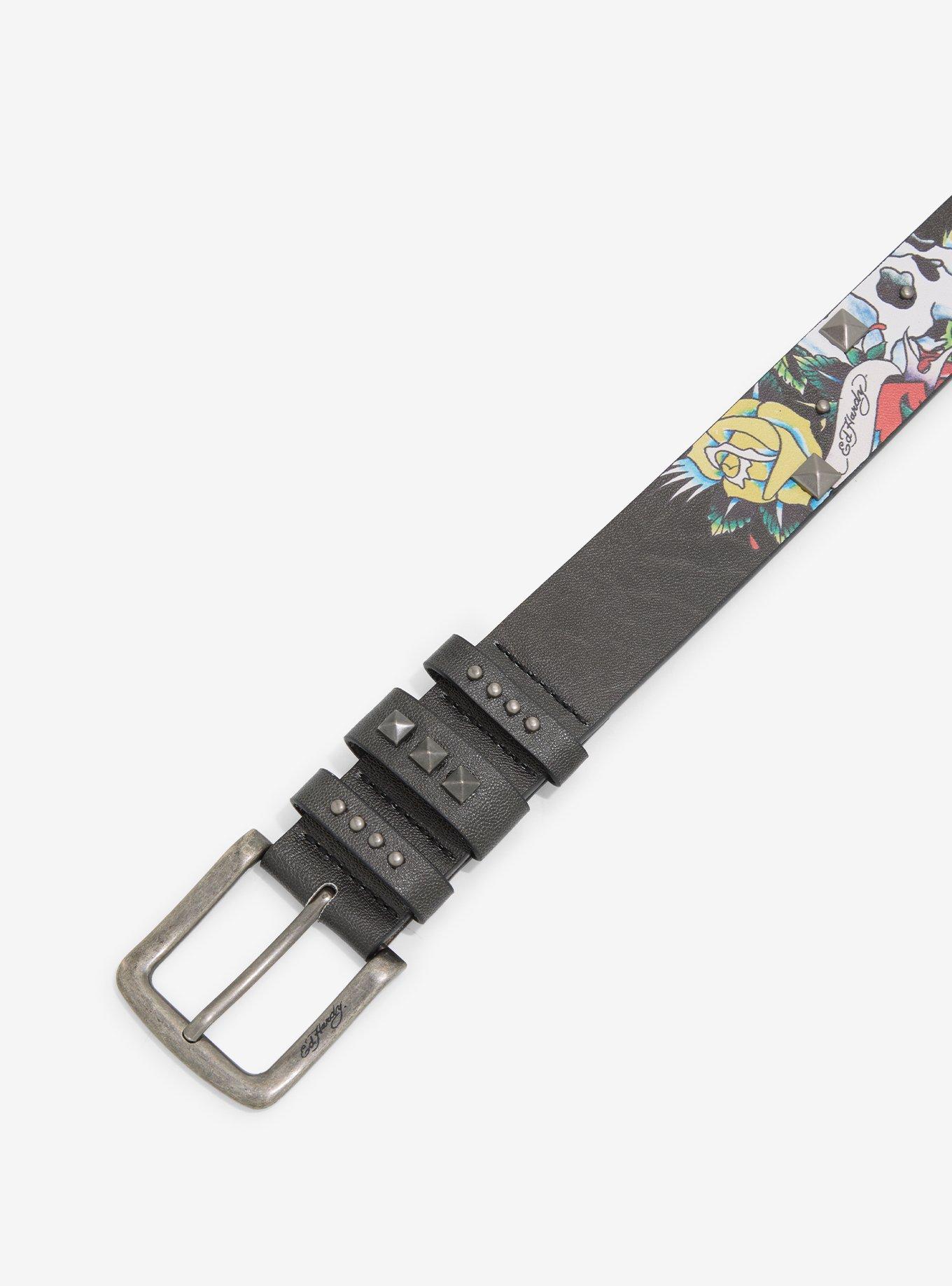 Ed Hardy Skull & Flowers Pyramid Stud Belt, , hi-res