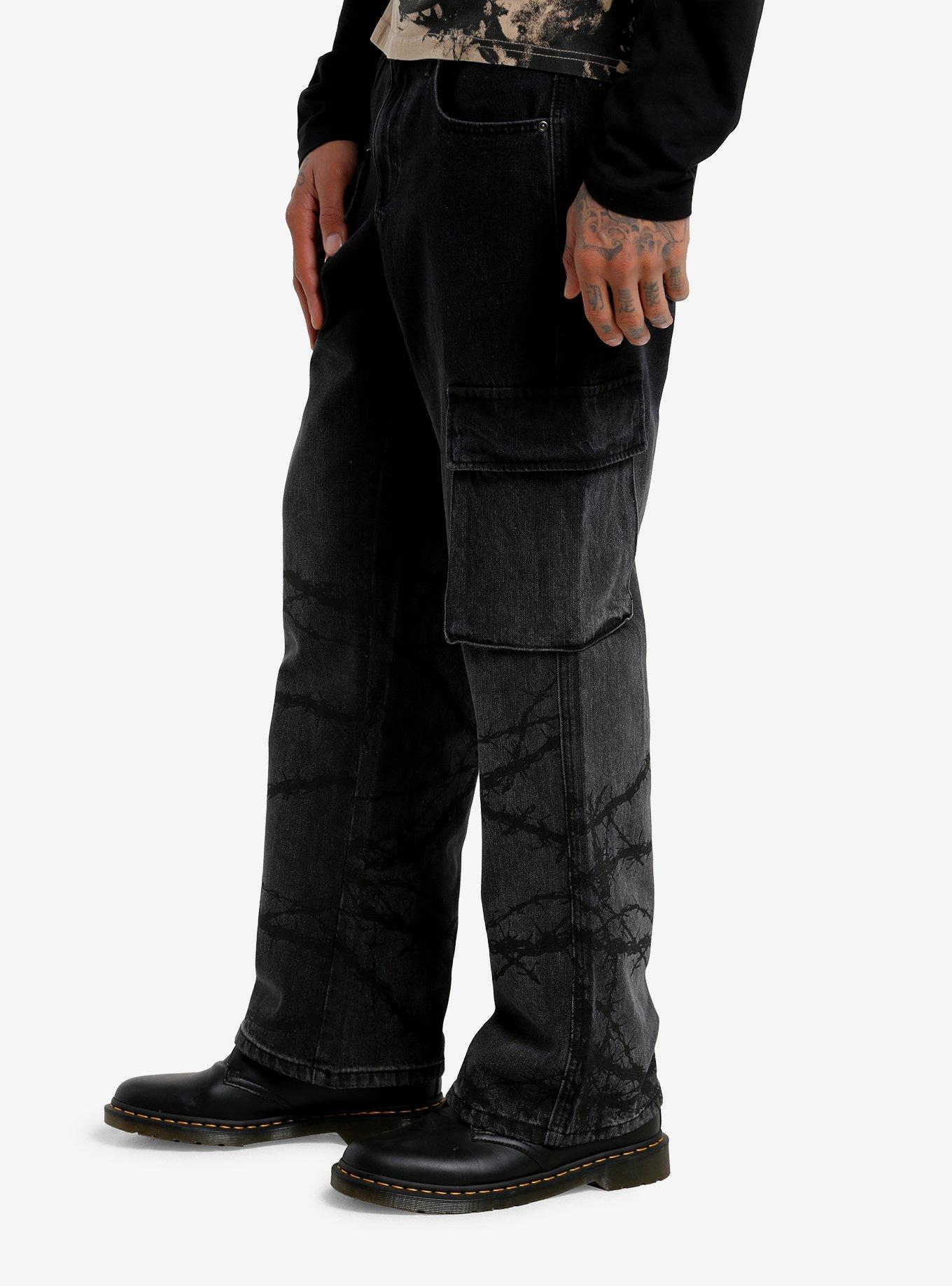 Barbed Wire Black Denim Cargo Pants, GREY, alternate