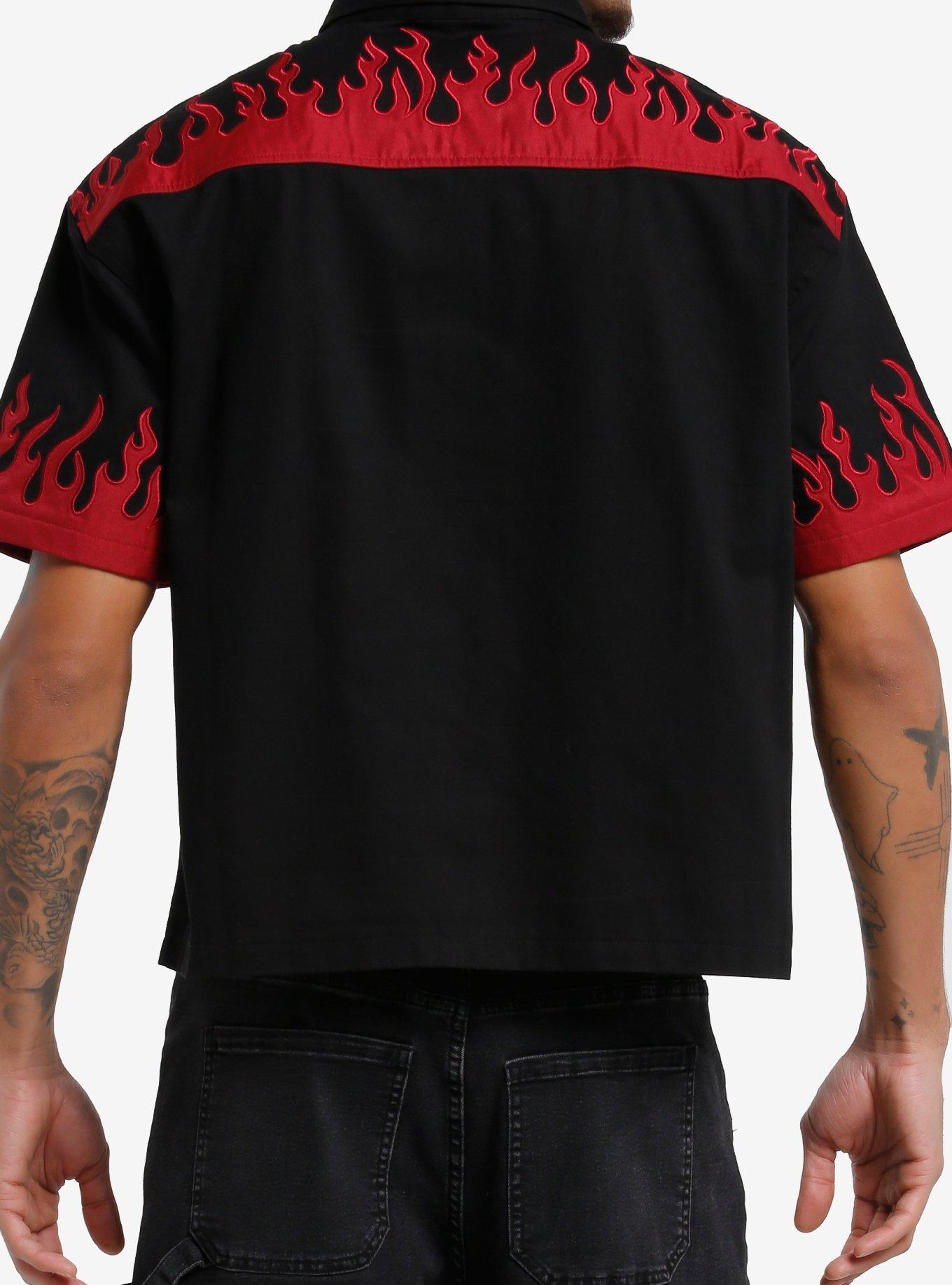 Black & Red Flames Embroidered Woven Button-Up, RED, alternate