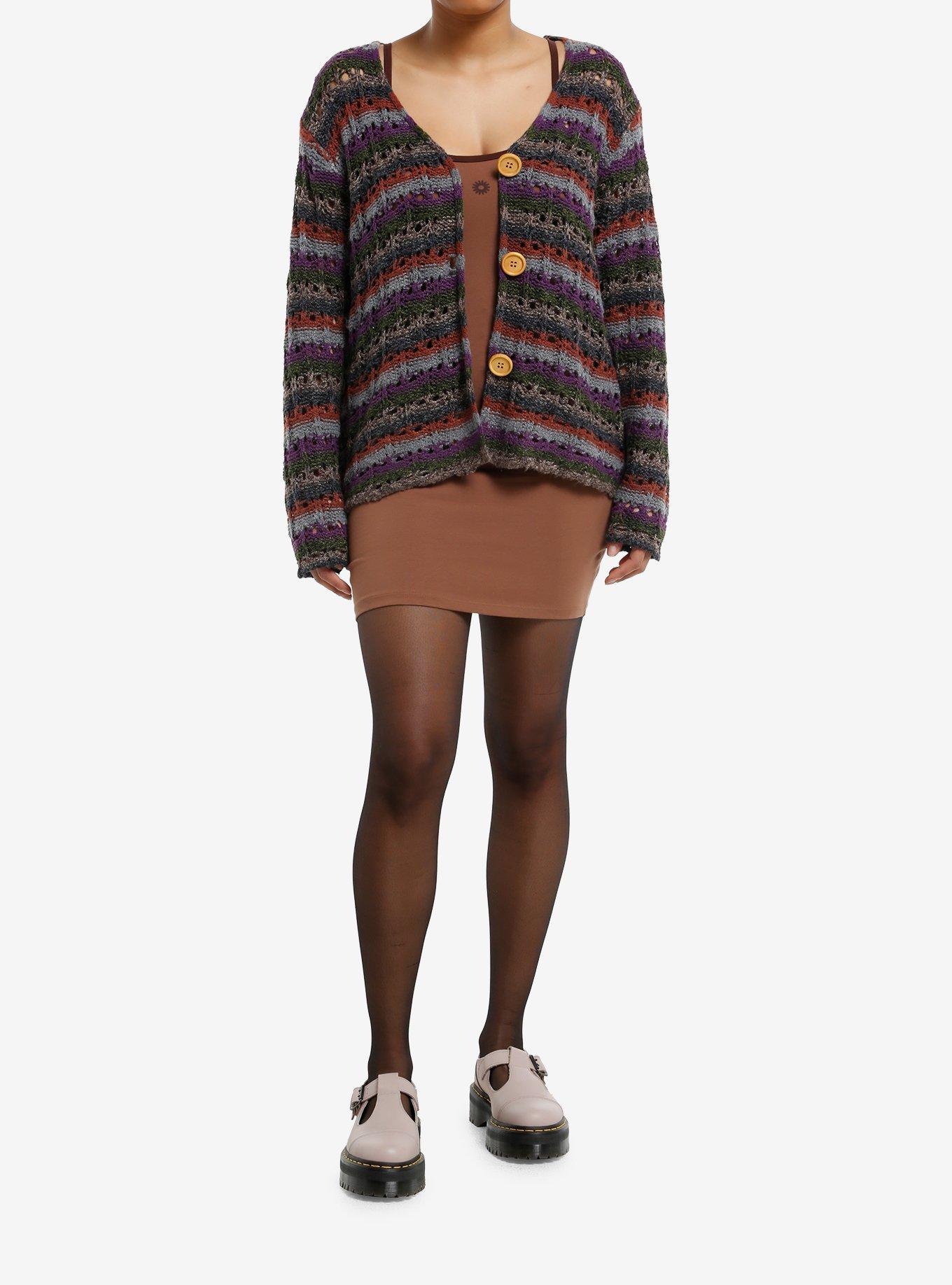 Thorn & Fable Purple Earthy Stripe Boxy Girls Cardigan, , hi-res