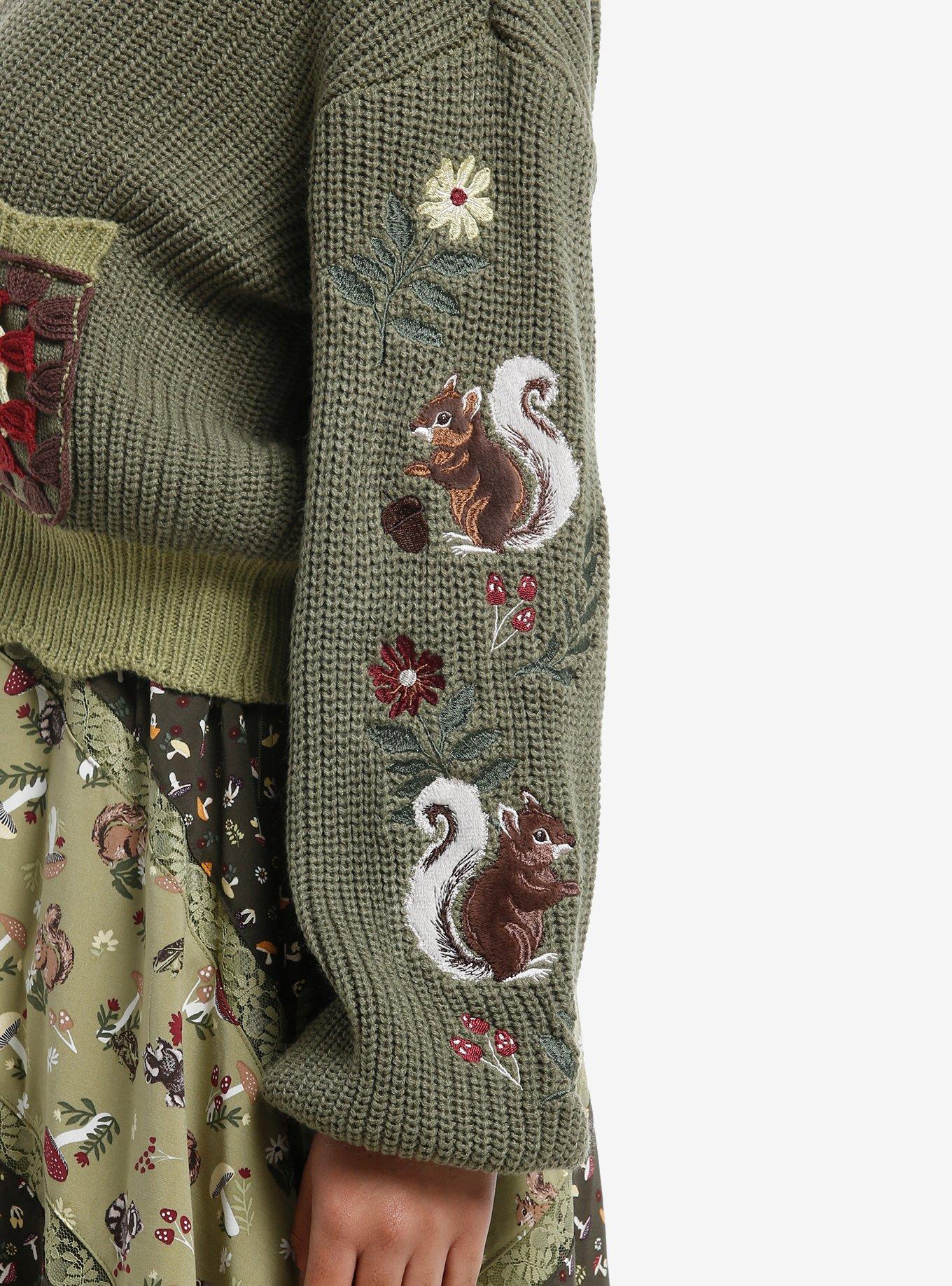 Thorn & Fable Woodland Creatures Embroidered Girls Crop Cardigan, BROWN, alternate