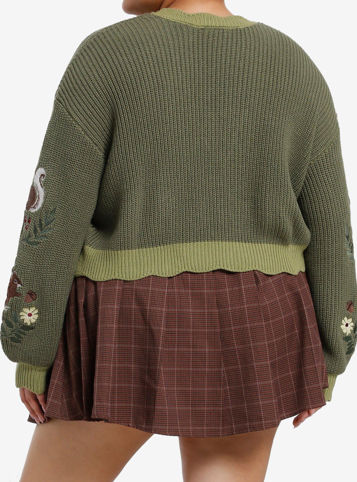 Thorn & Fable Woodland Creatures Embroidered Girls Crop Cardigan Plus Size, BROWN, alternate