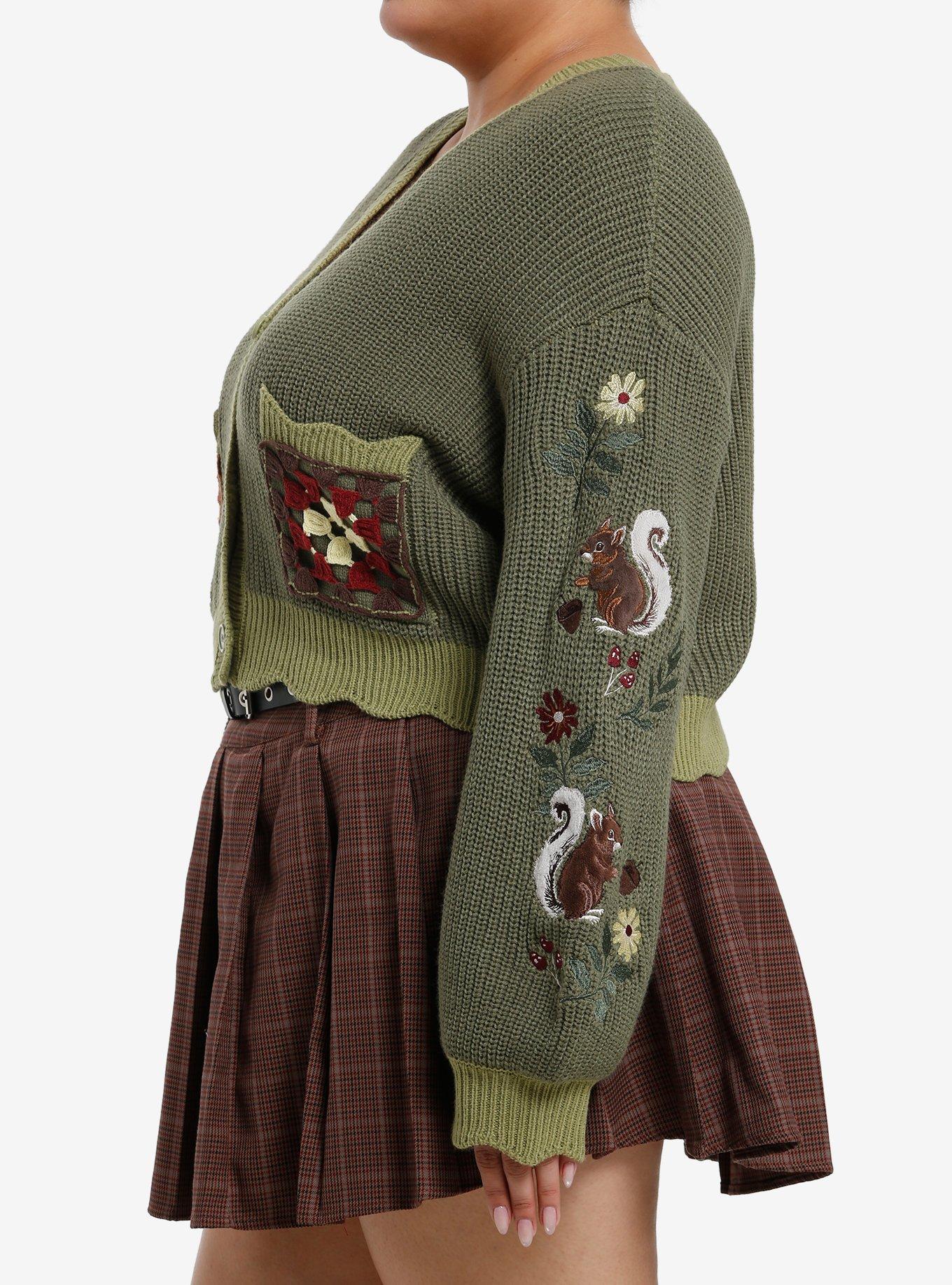 Thorn & Fable Woodland Creatures Embroidered Girls Crop Cardigan Plus Size, BROWN, alternate
