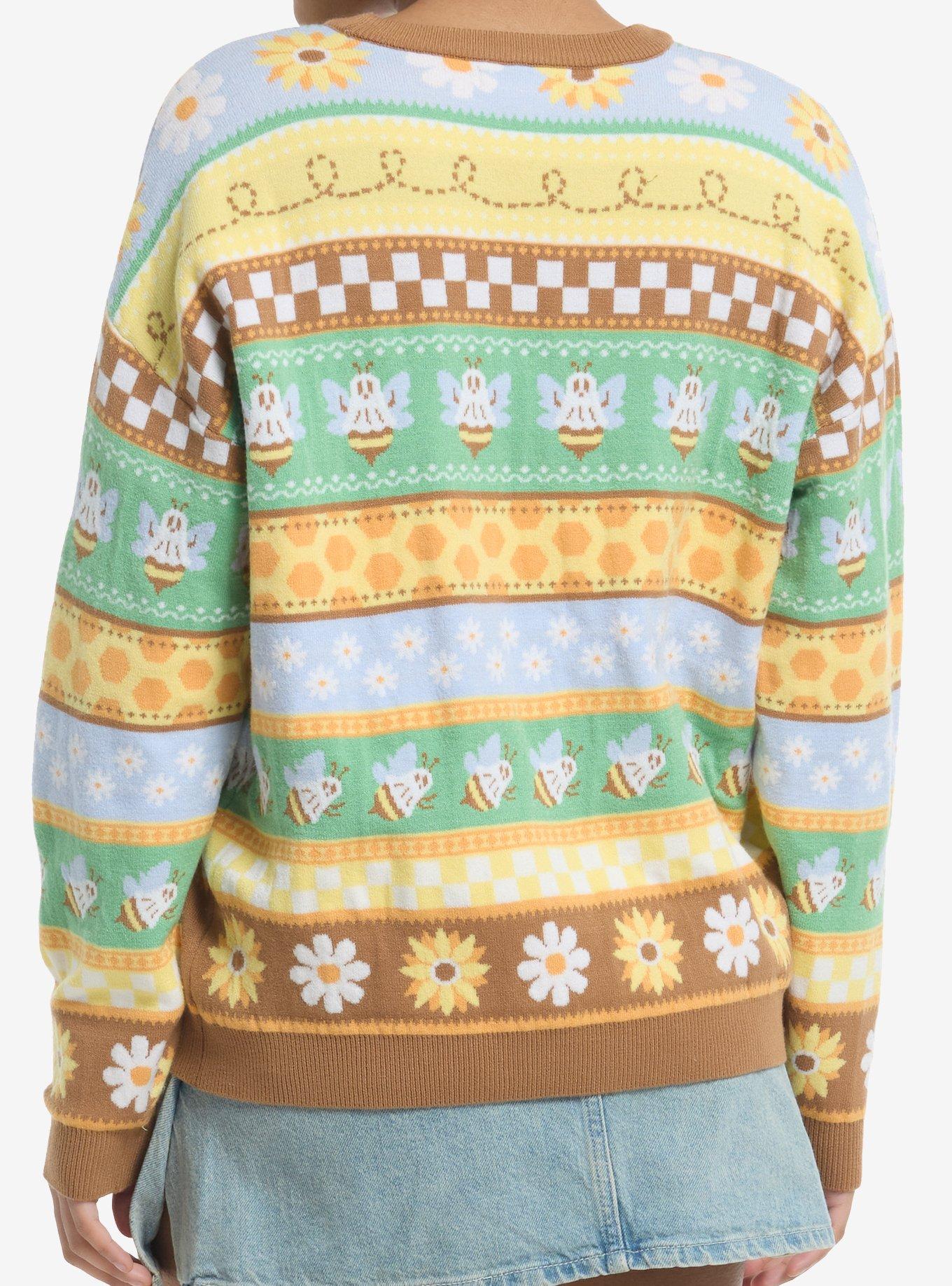 Thorn & Fable Ghost Bee & Sunflower Stripe Girls Sweater, GREEN, alternate