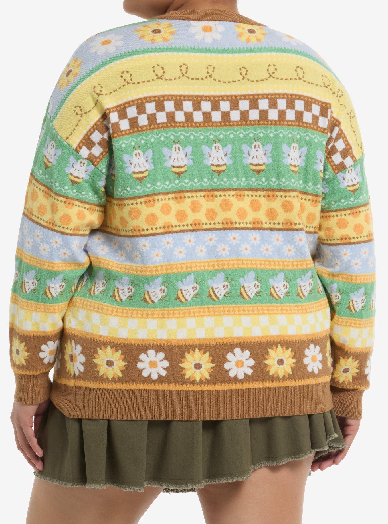 Thorn & Fable Ghost Bee & Sunflower Stripe Girls Sweater Plus Size, GREEN, alternate