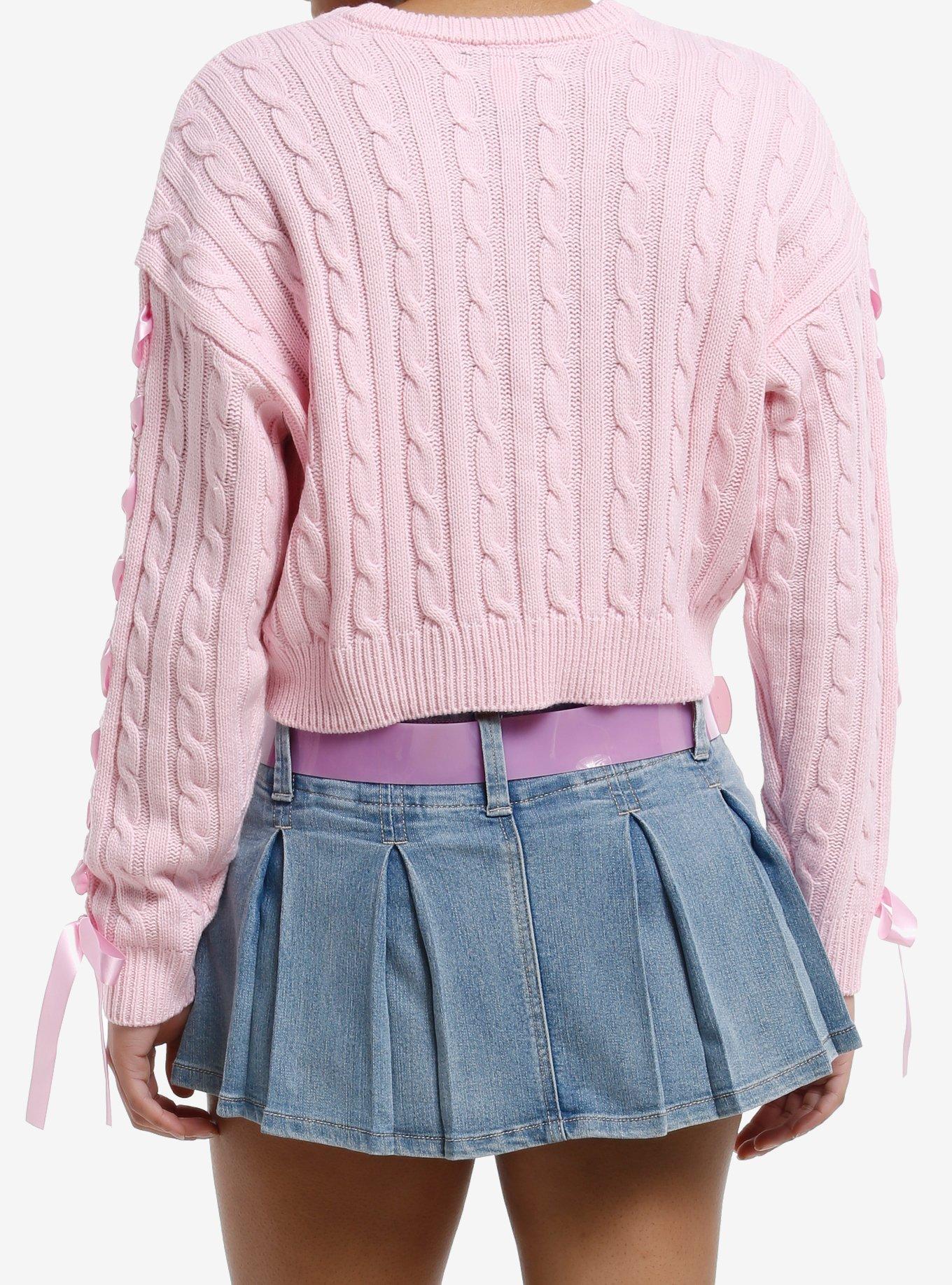 Sweet Society Pink Heart Cutout Lace-Up Girls Crop Sweater, PINK, alternate