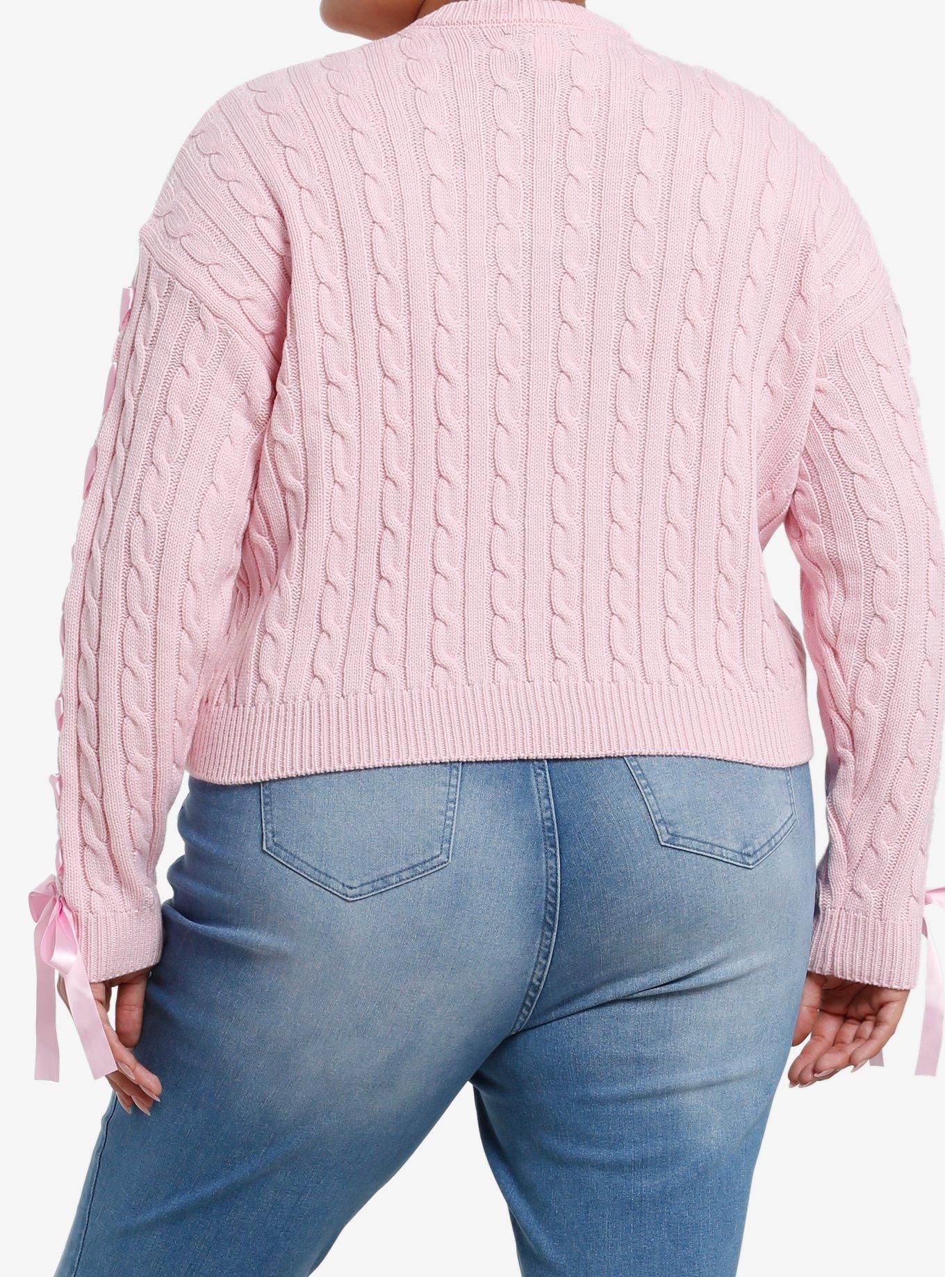 Sweet Society Pink Heart Cutout Lace-Up Girls Crop Sweater Plus Size, PINK, alternate