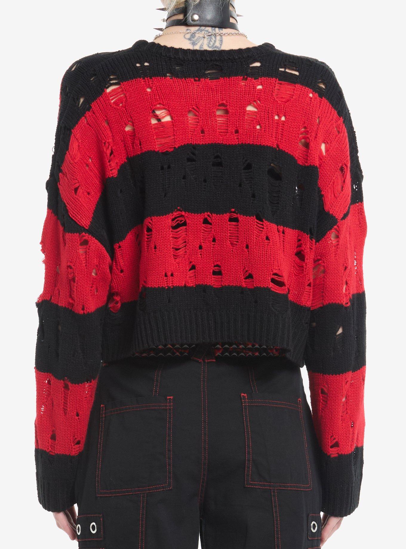 Black & Red Stripe Destructed Girls Crop Sweater, BLACK, alternate
