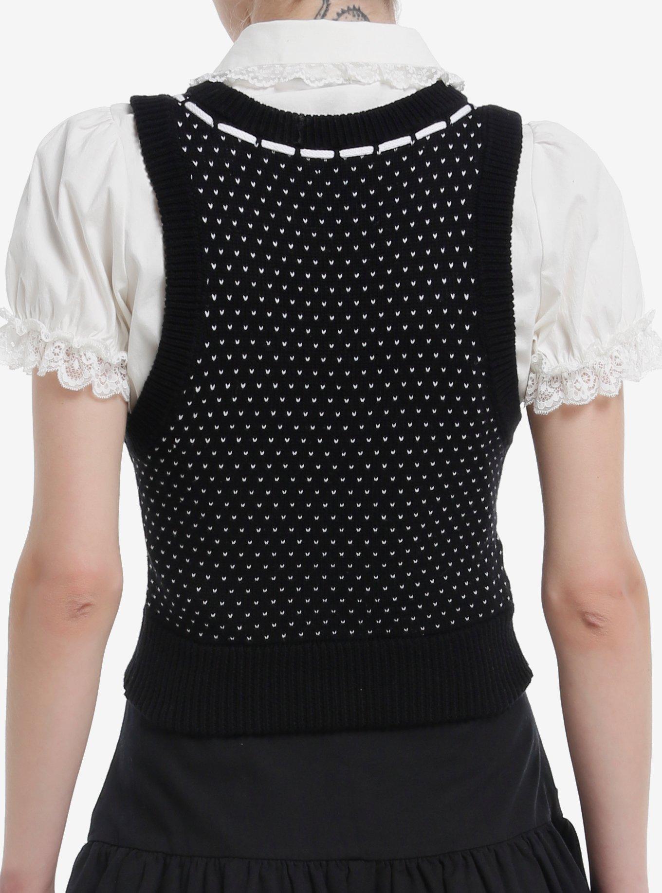 Thorn & Fable Black & White Yarn Bow Girls Sweater Vest, , alternate