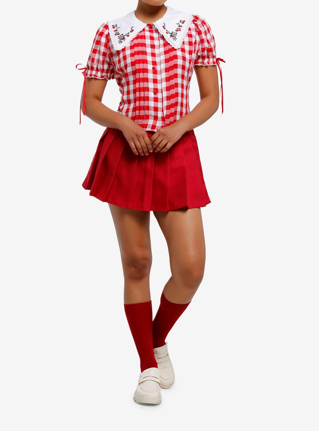 Thorn & Fable Raccoon & Cherries Red Gingham Girls Woven Top, , hi-res
