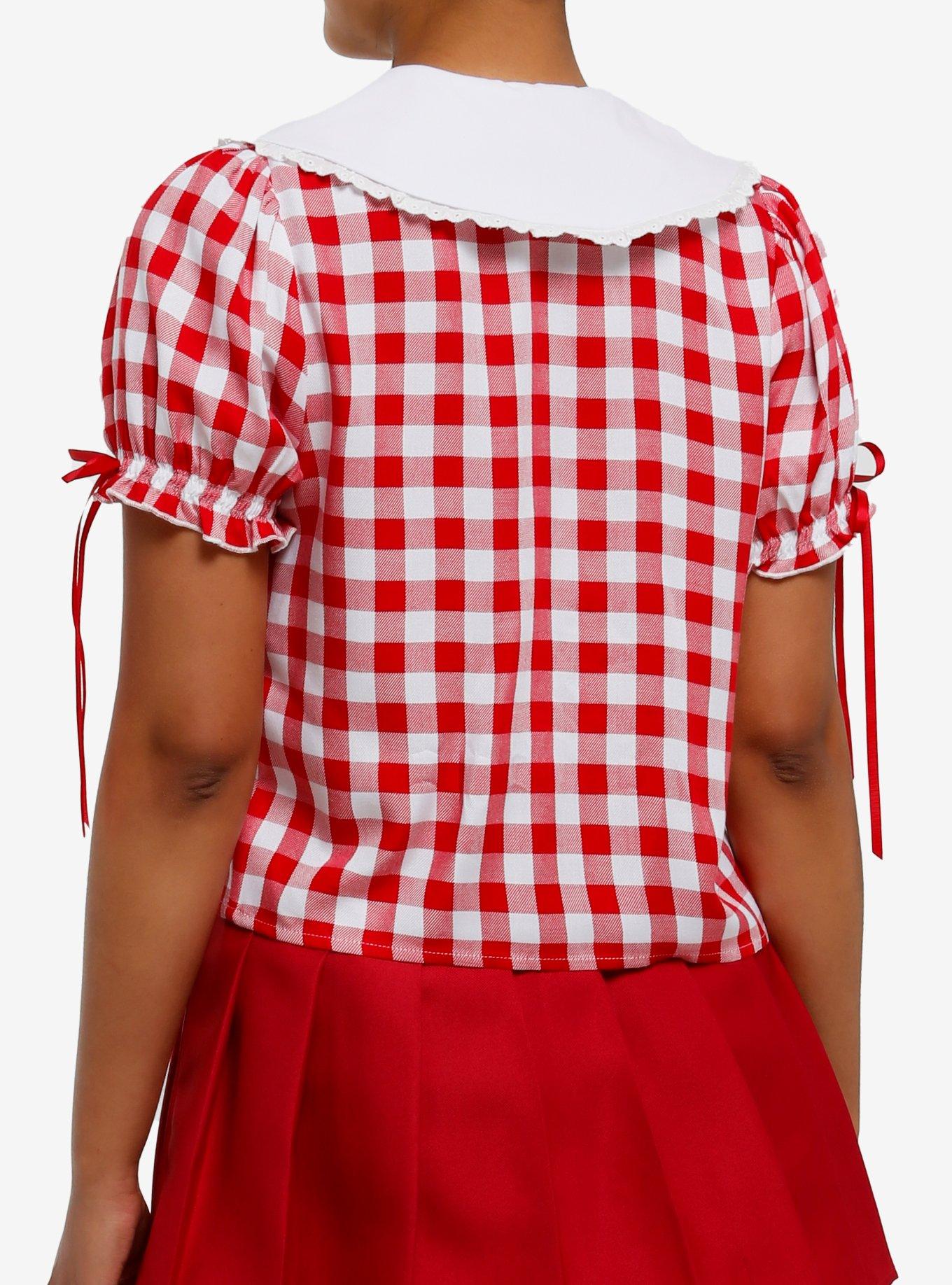 Thorn & Fable Raccoon & Cherries Red Gingham Girls Woven Top, , alternate