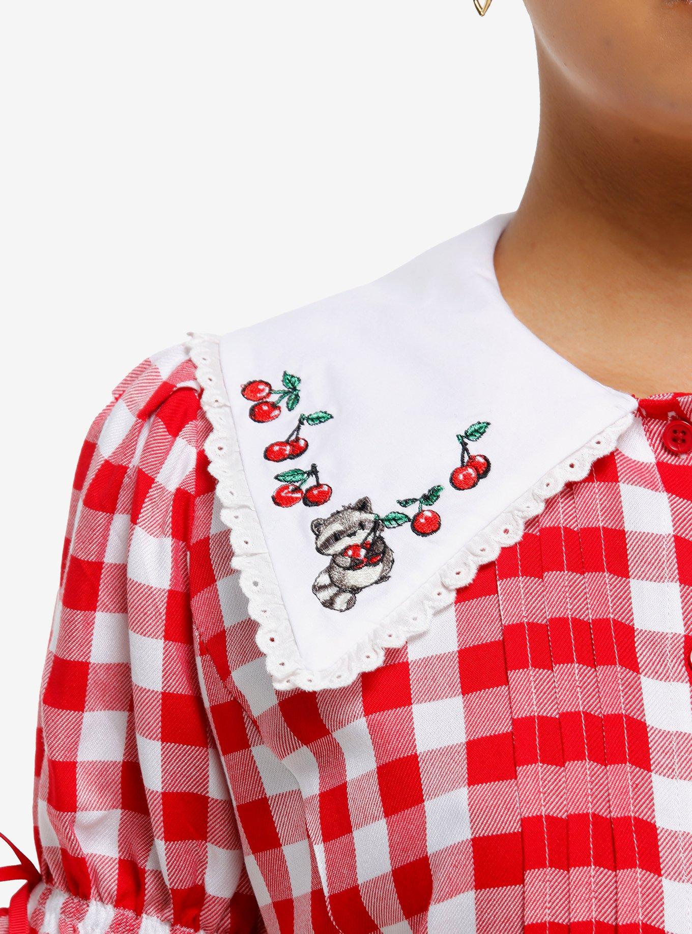 Thorn & Fable Raccoon & Cherries Red Gingham Girls Woven Top, , alternate