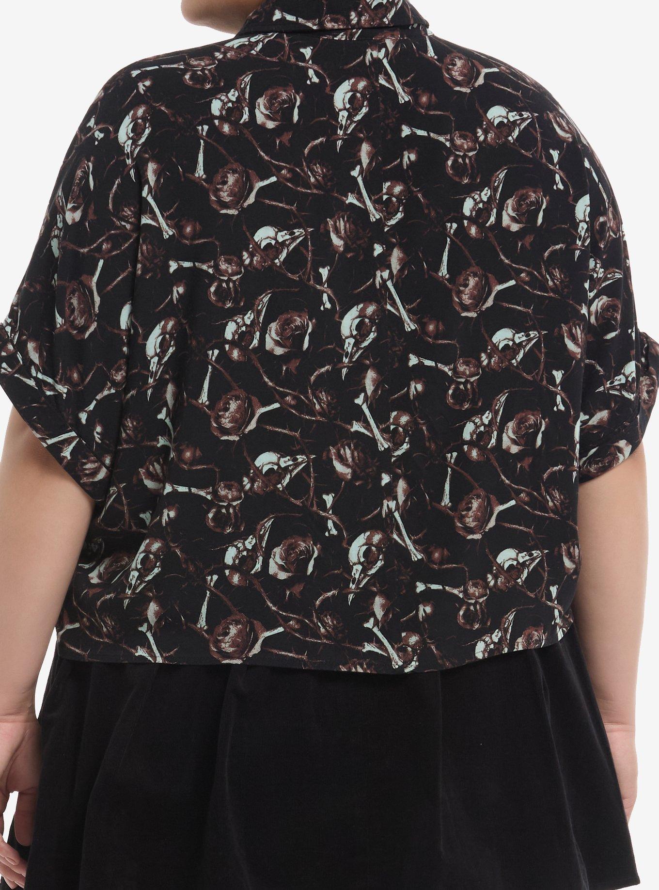 Cosmic Aura Brown Bird Skull Rose Girls Boxy Woven Button-Up Plus Size, BROWN, alternate