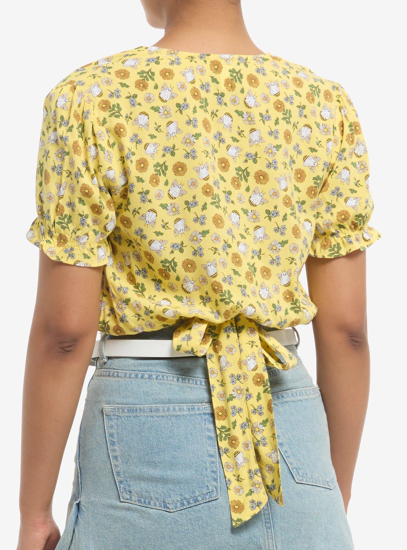 Thorn & Fable Ghost Bees & Flowers Crop Girls Woven Top, , hi-res