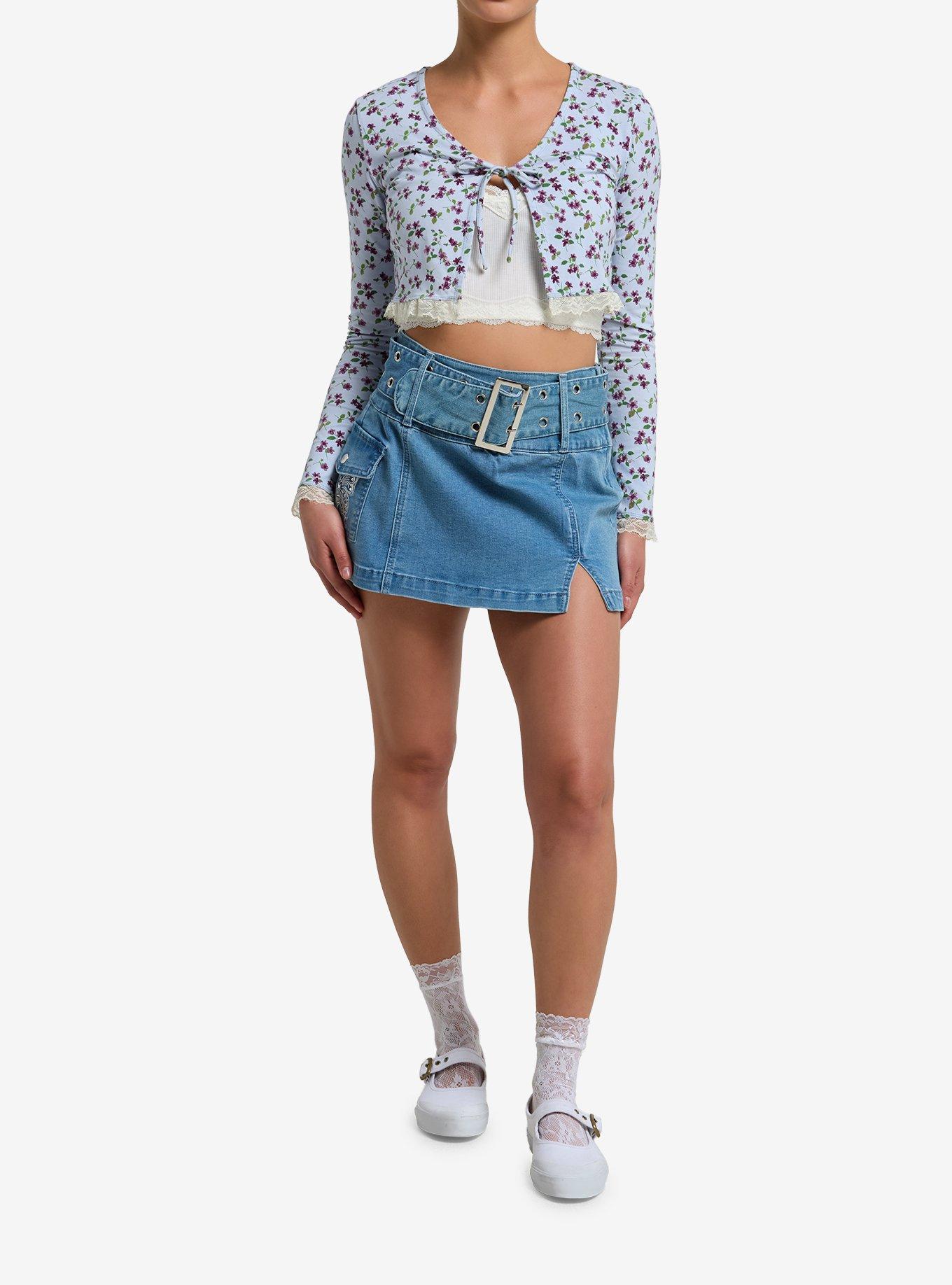 Sweet Society Blue Floral Lace Girls Tie-Front Crop Top, , hi-res