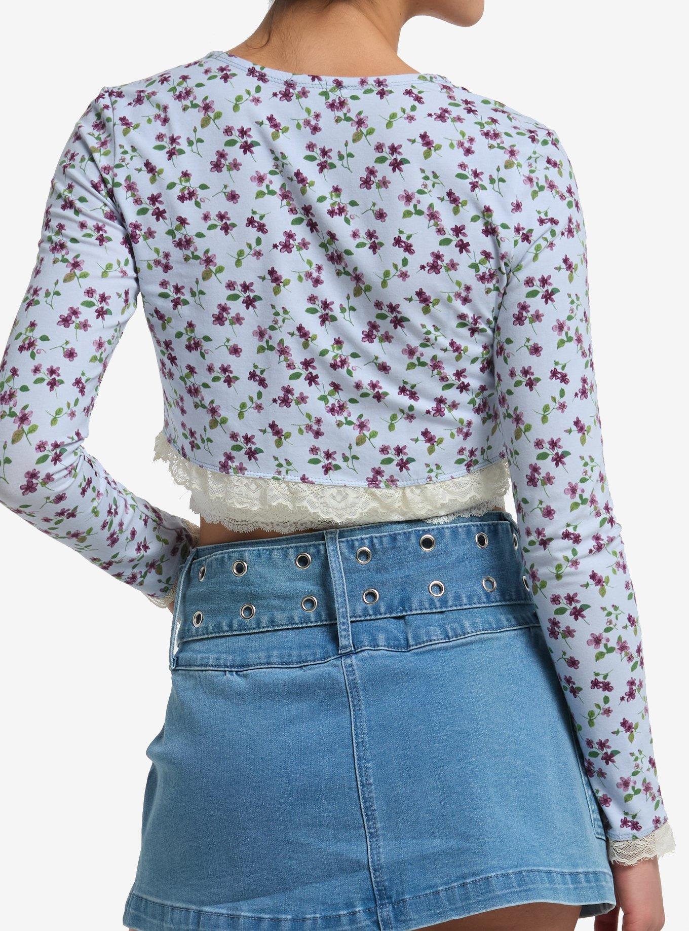 Sweet Society Blue Floral Lace Girls Tie-Front Crop Top, PINK, alternate