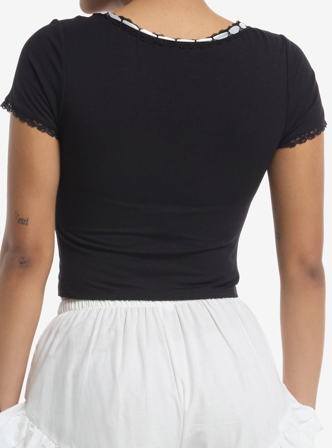 Thorn & Fable Black & White Bow Lace Girls Top, , alternate