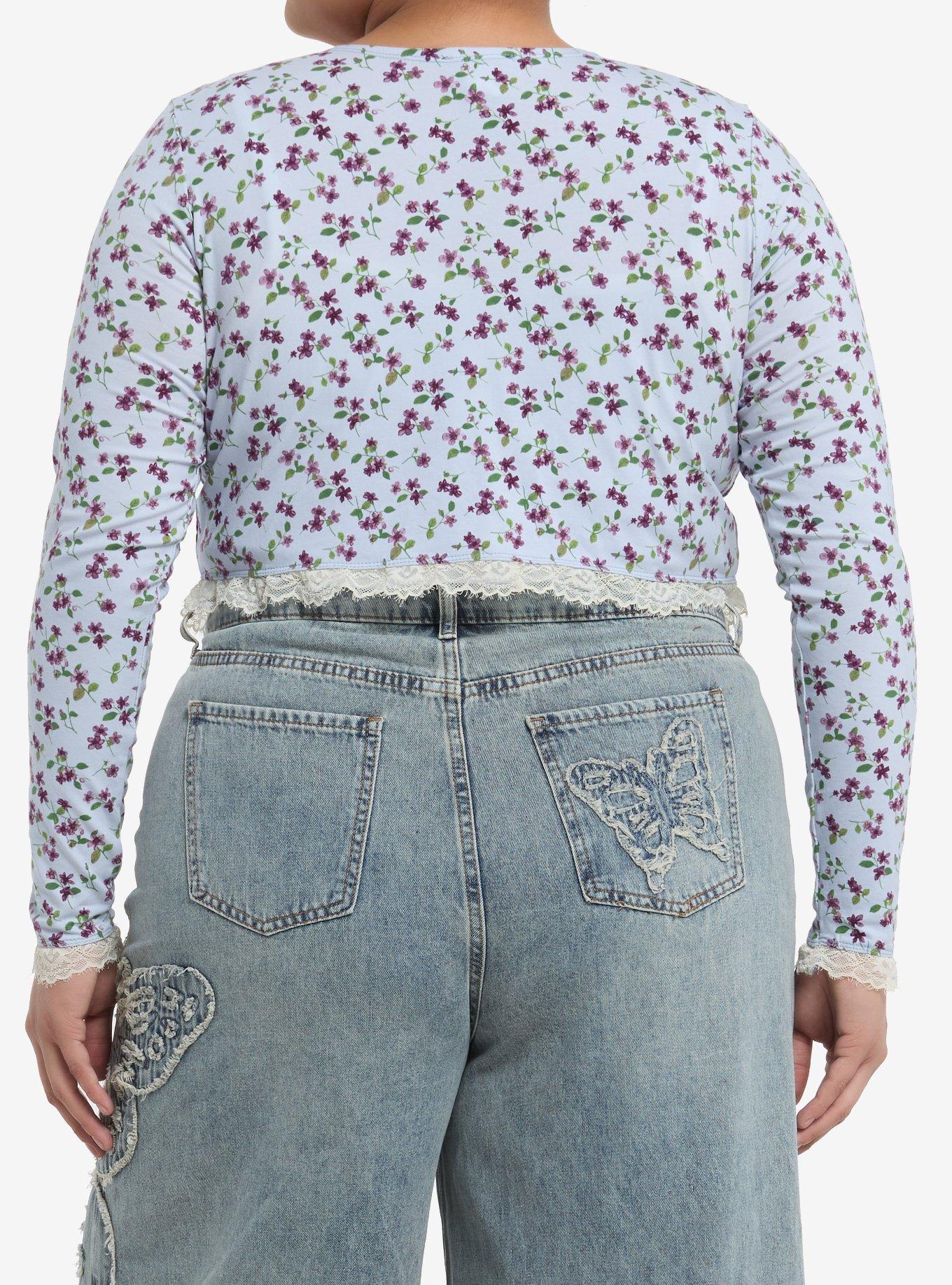 Sweet Society Blue Floral Lace Girls Tie-Front Crop Top Plus Size, PINK, alternate