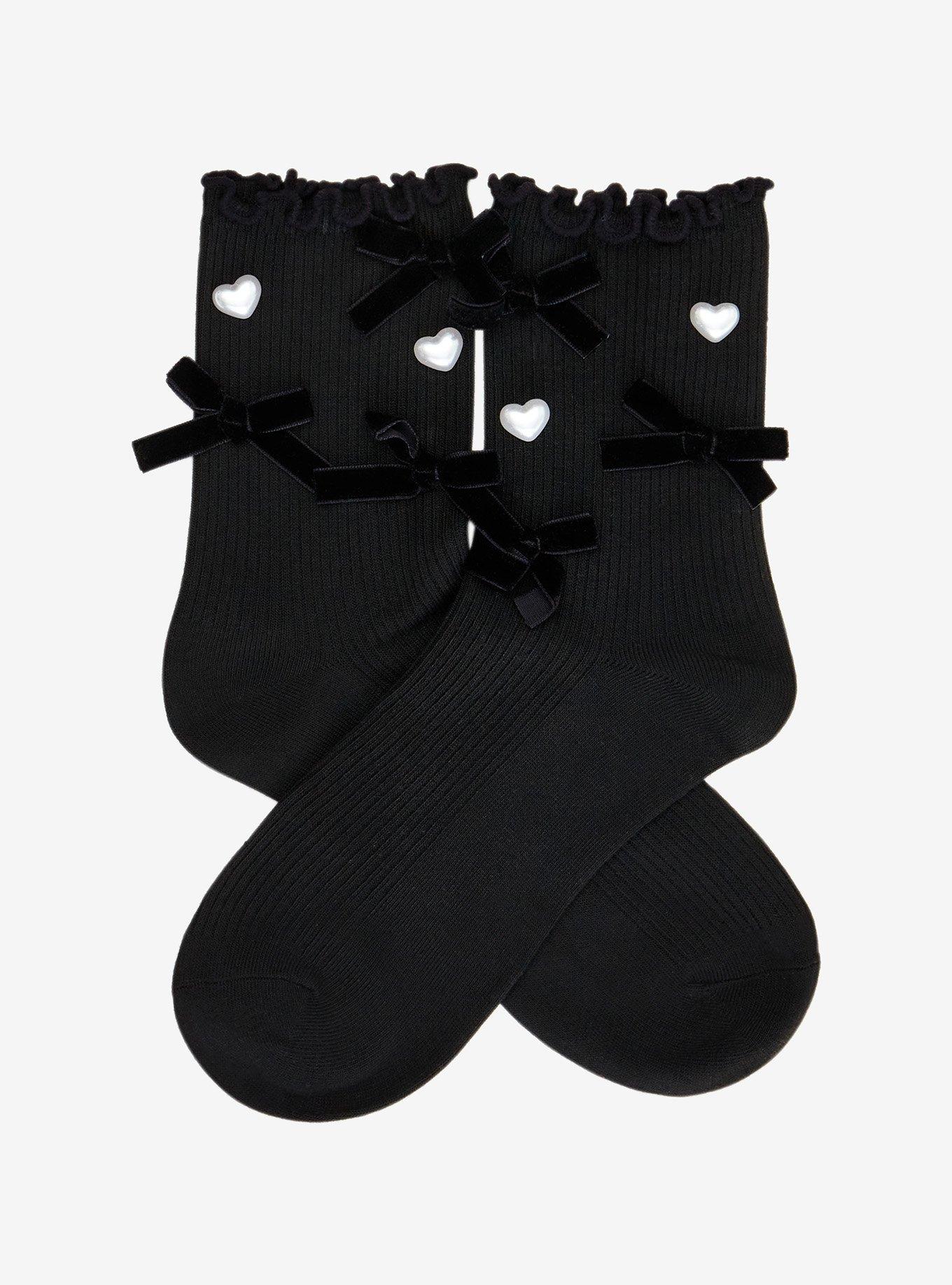 Pearl Heart Black Ribbon Crew Socks, , hi-res