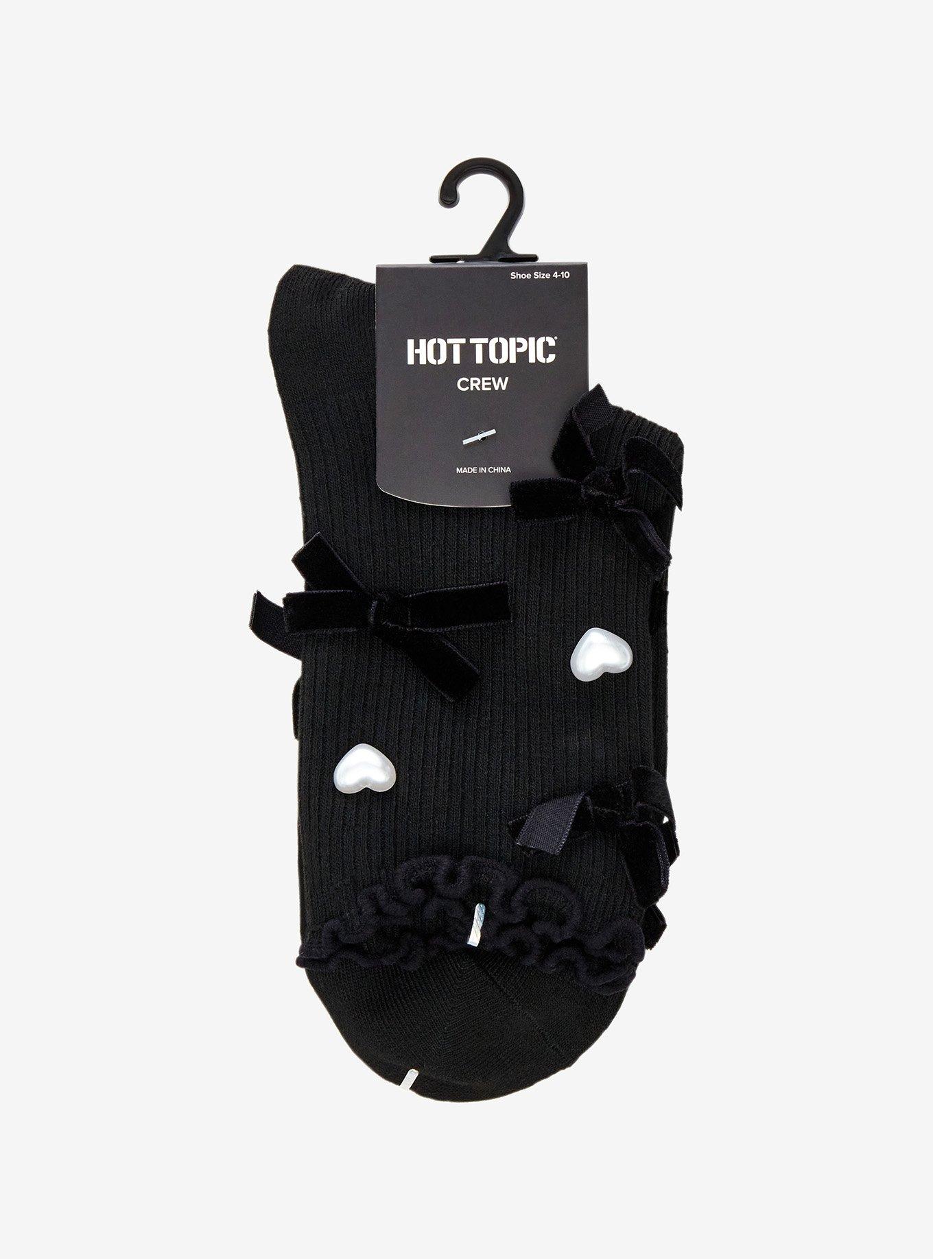 Pearl Heart Black Ribbon Crew Socks, , alternate