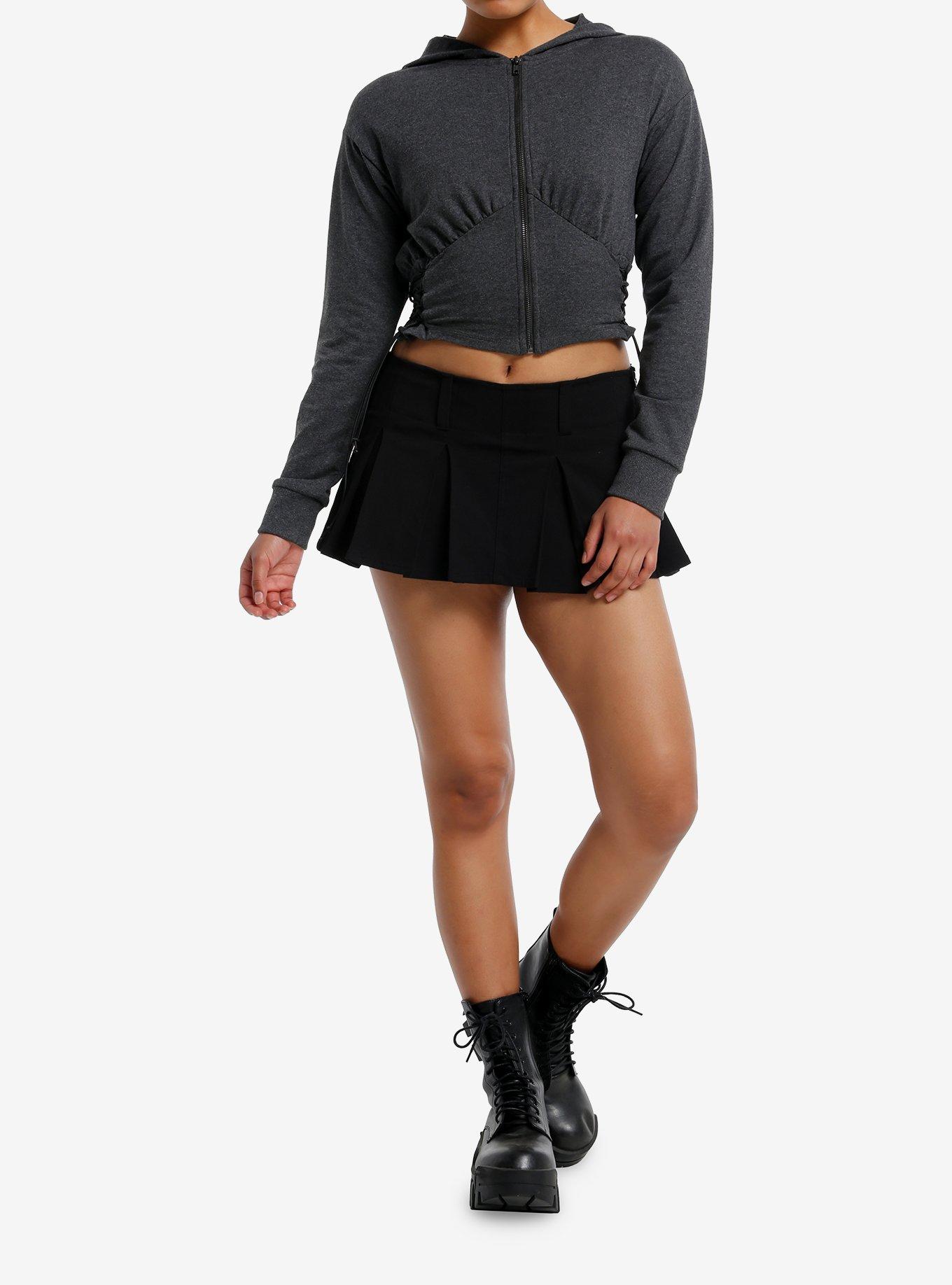 Grey Lace-Up Toggle Girls Crop Hoodie, , hi-res