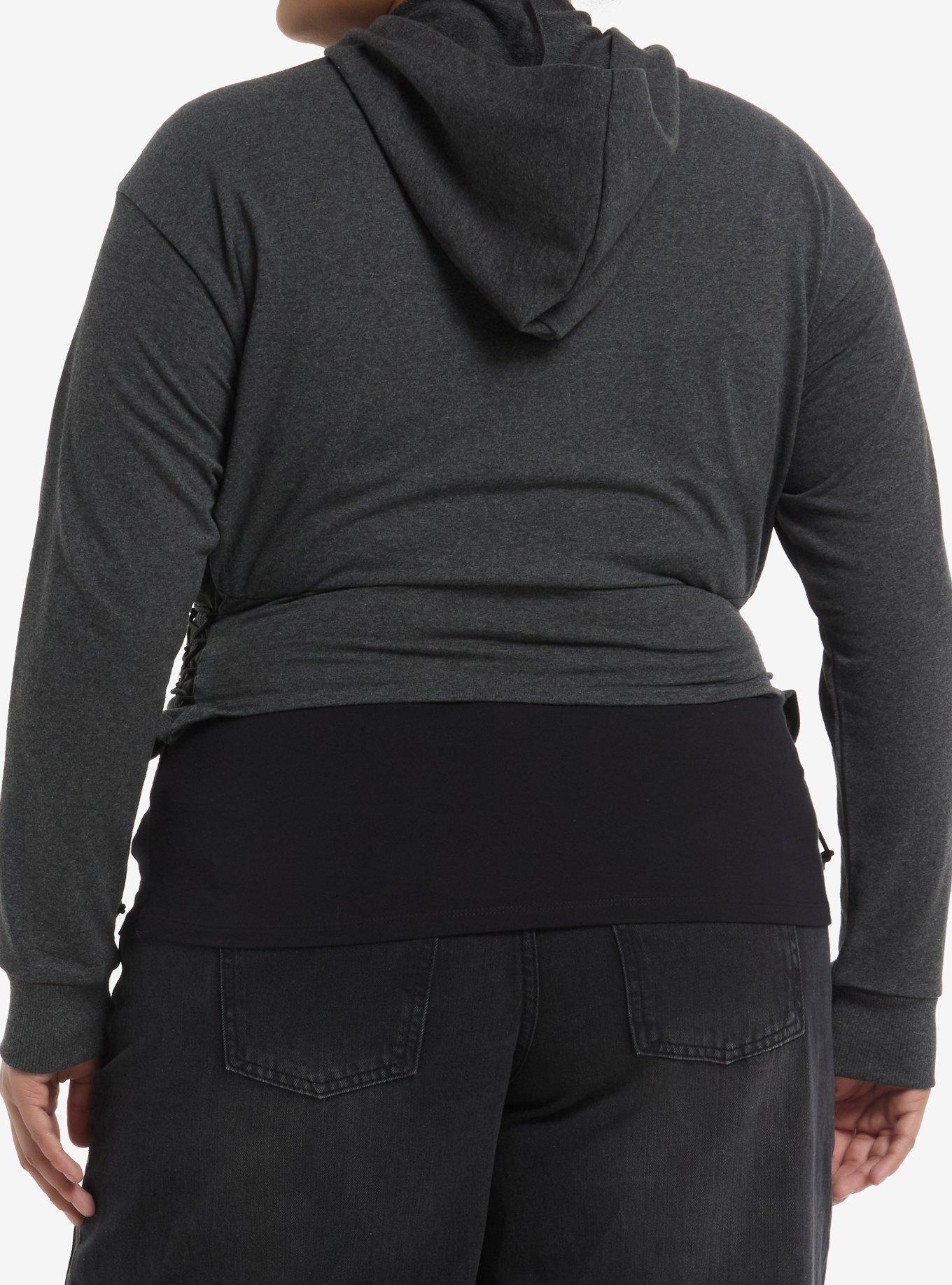 Grey Lace-Up Toggle Girls Crop Hoodie Plus Size, GREY, alternate