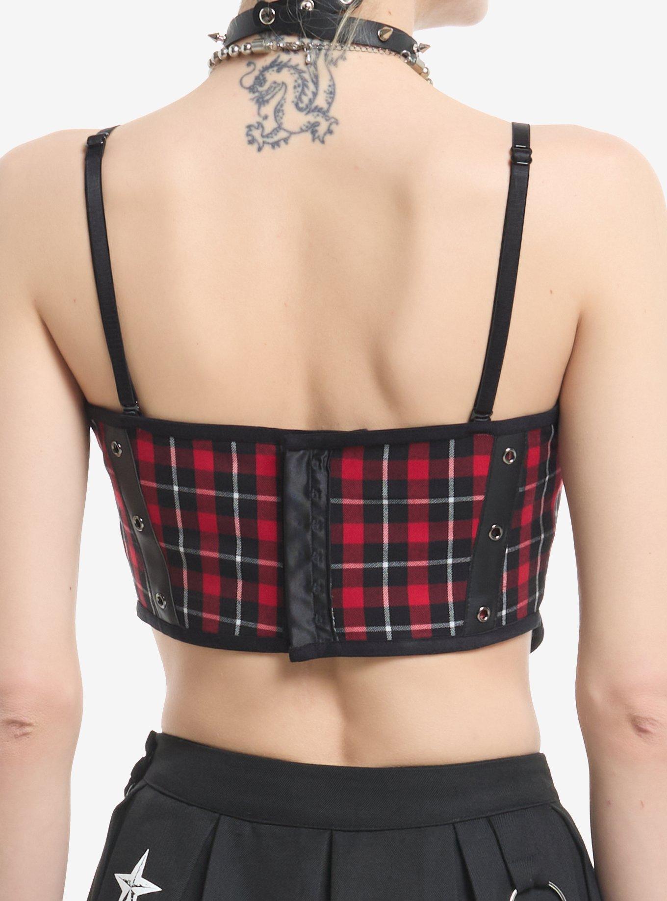 Black & Red Plaid Grommet Corset Top, BLACK, alternate