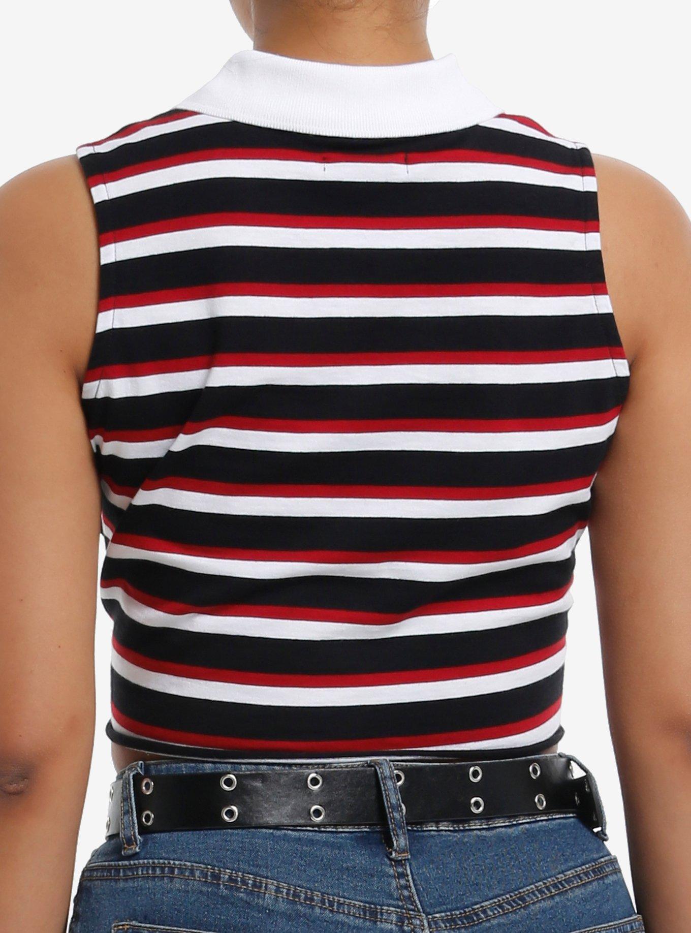 Red White & Black Stripe Collar Girls Tank Top, BLACK, alternate
