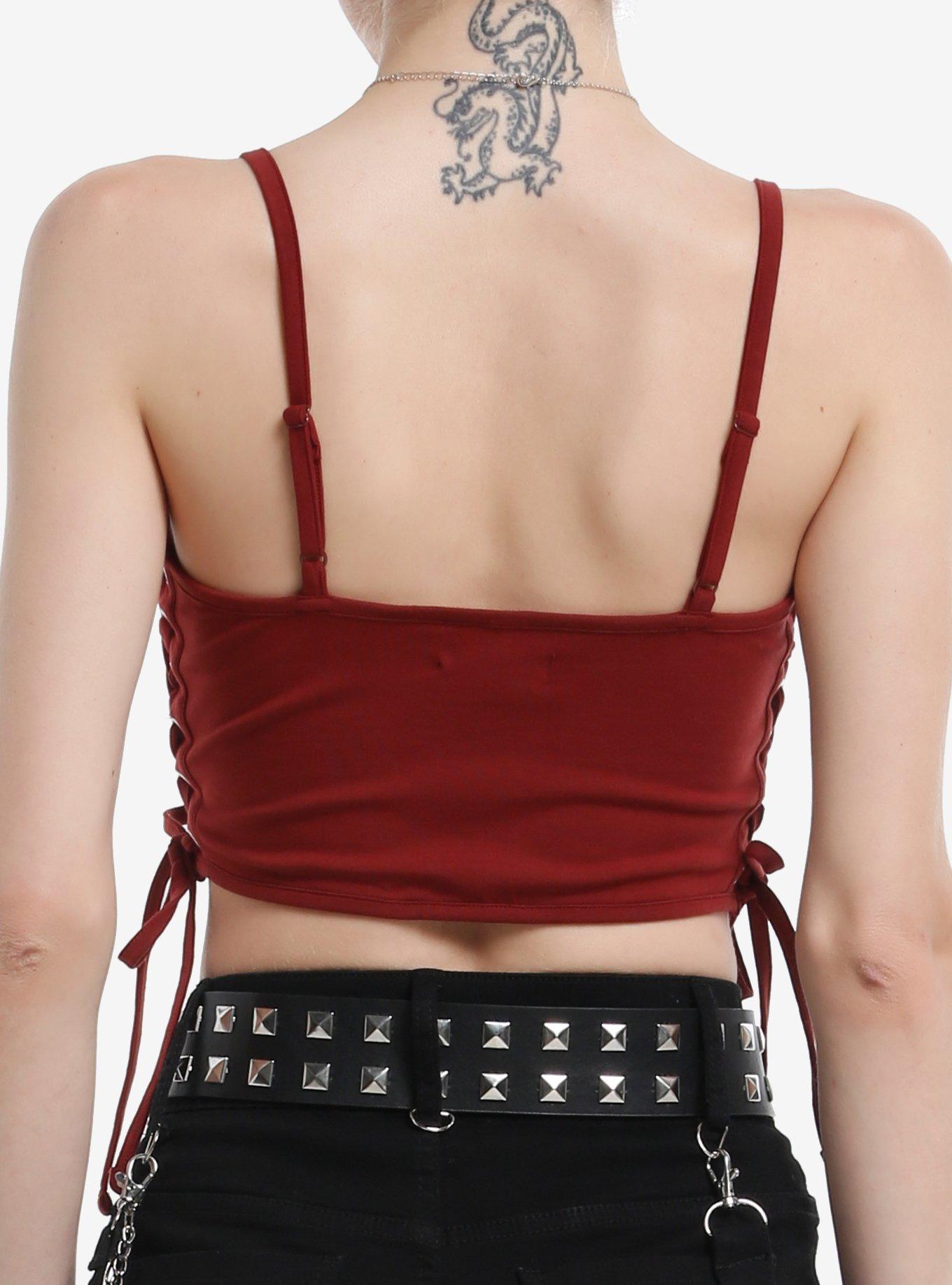 Maroon Lace-Up Crop Girls Cami, RED, alternate