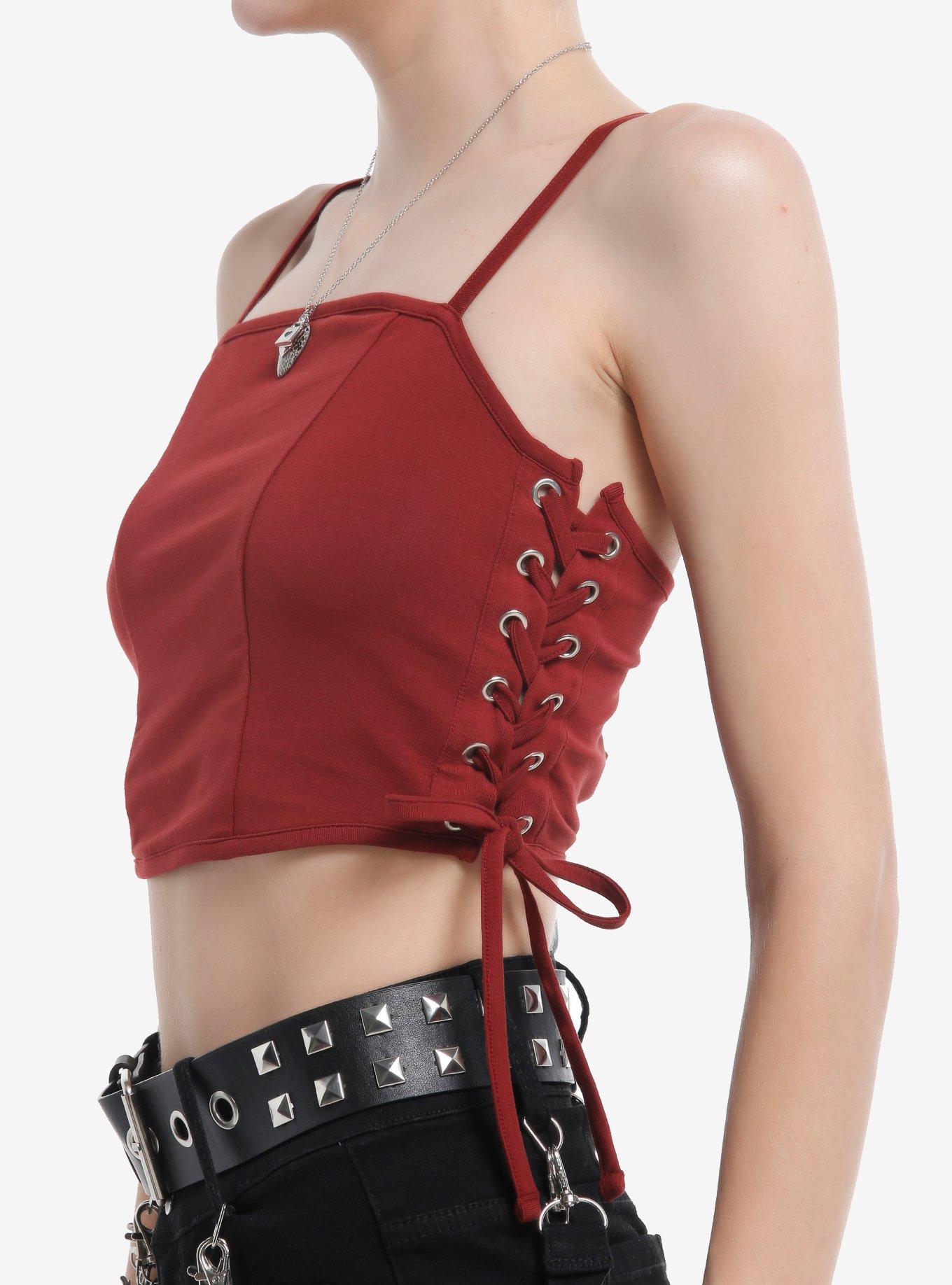 Maroon Lace-Up Crop Girls Cami, RED, alternate