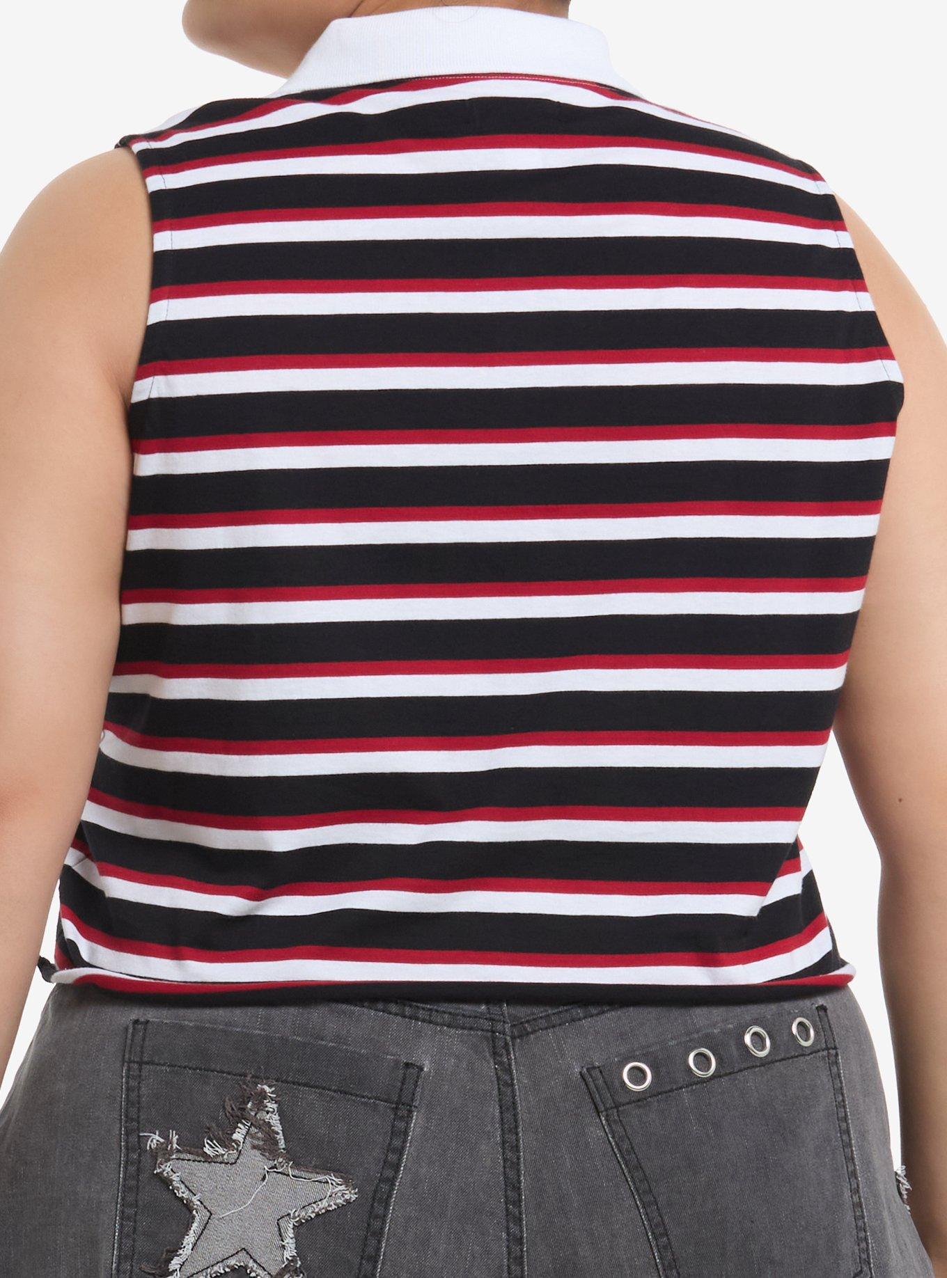 Red White & Black Stripe Collar Girls Tank Top Plus Size, BLACK, alternate