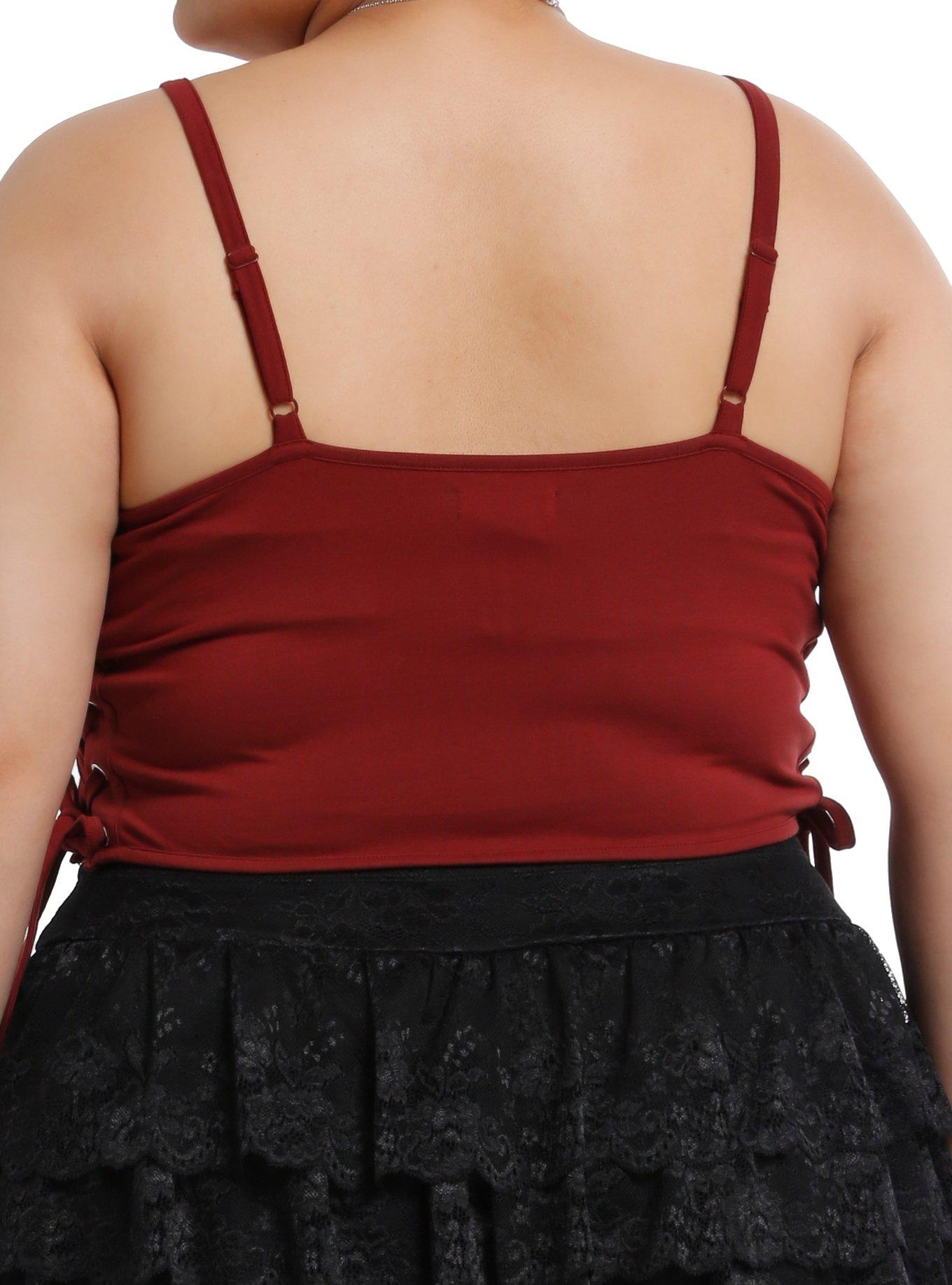Maroon Lace-Up Crop Girls Cami Plus Size, RED, alternate