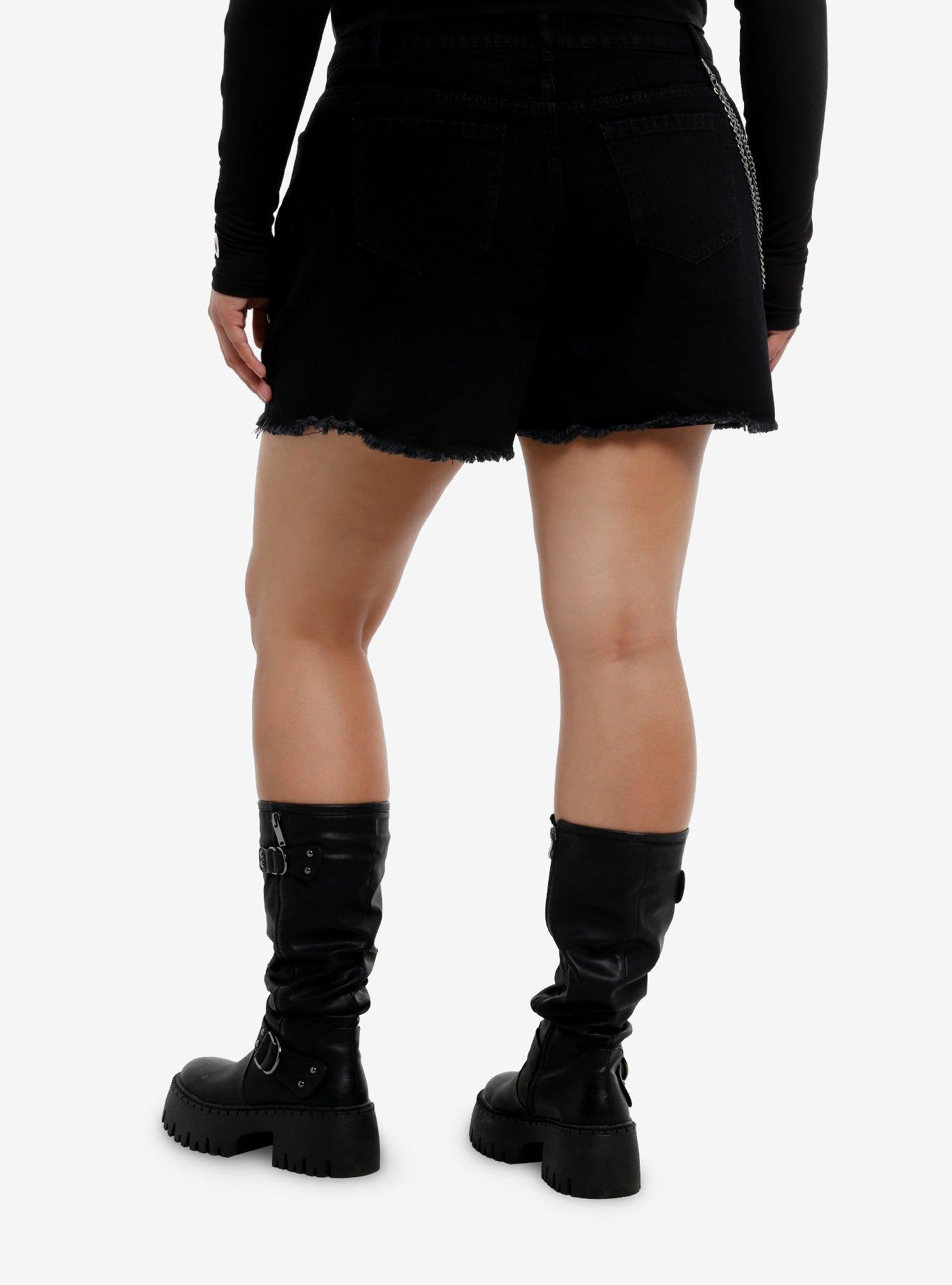 Social Collision Black Denim & Faux Leather Shorts With Chains Plus Size, BLACK, alternate