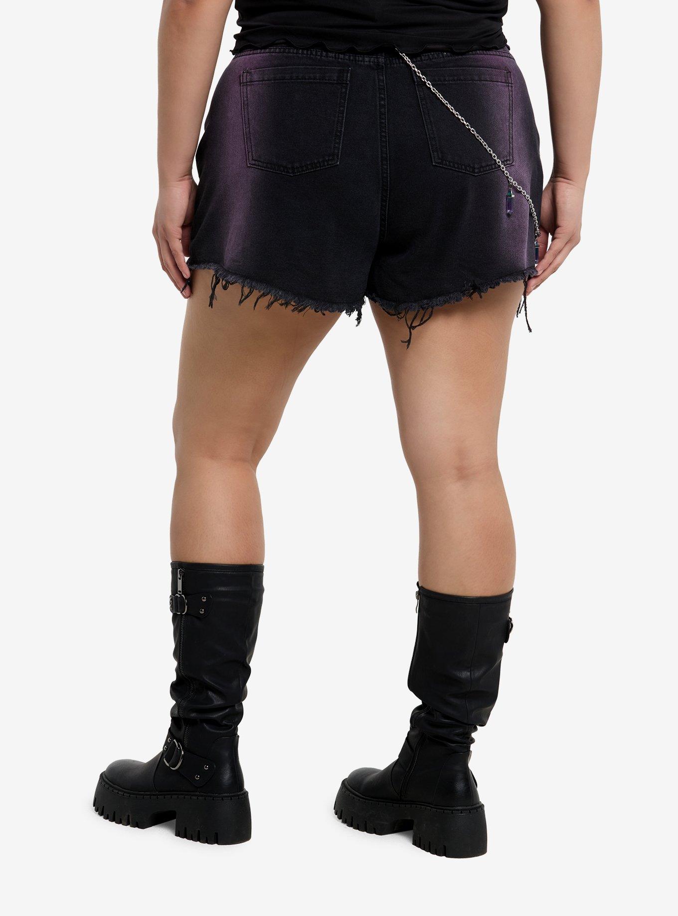 Black & Purple Ombre Denim Shorts With Crystal Chain Plus Size, , hi-res