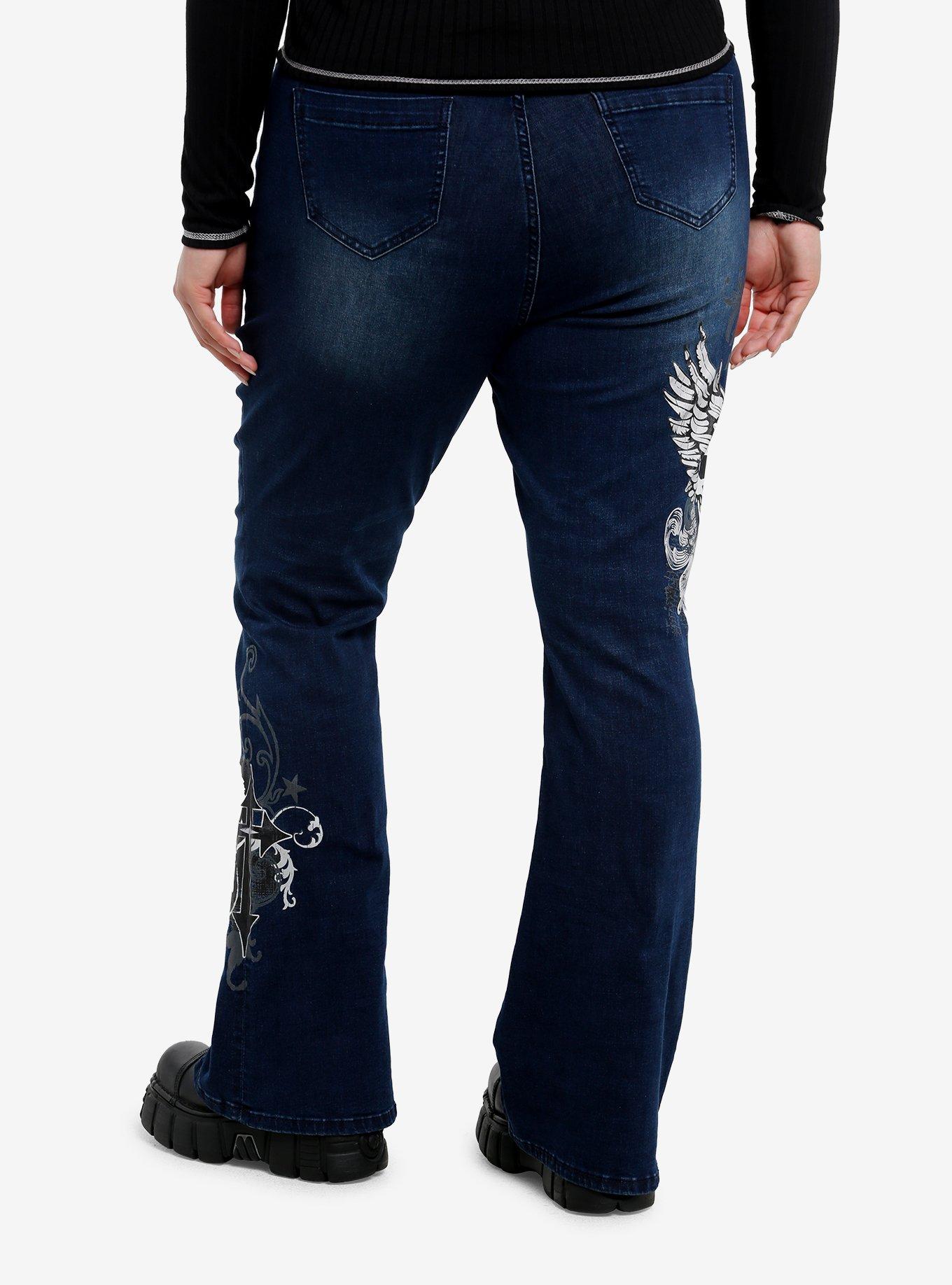 Indigo Winged Skull Low Rise Flare Jeans Plus Size, , hi-res