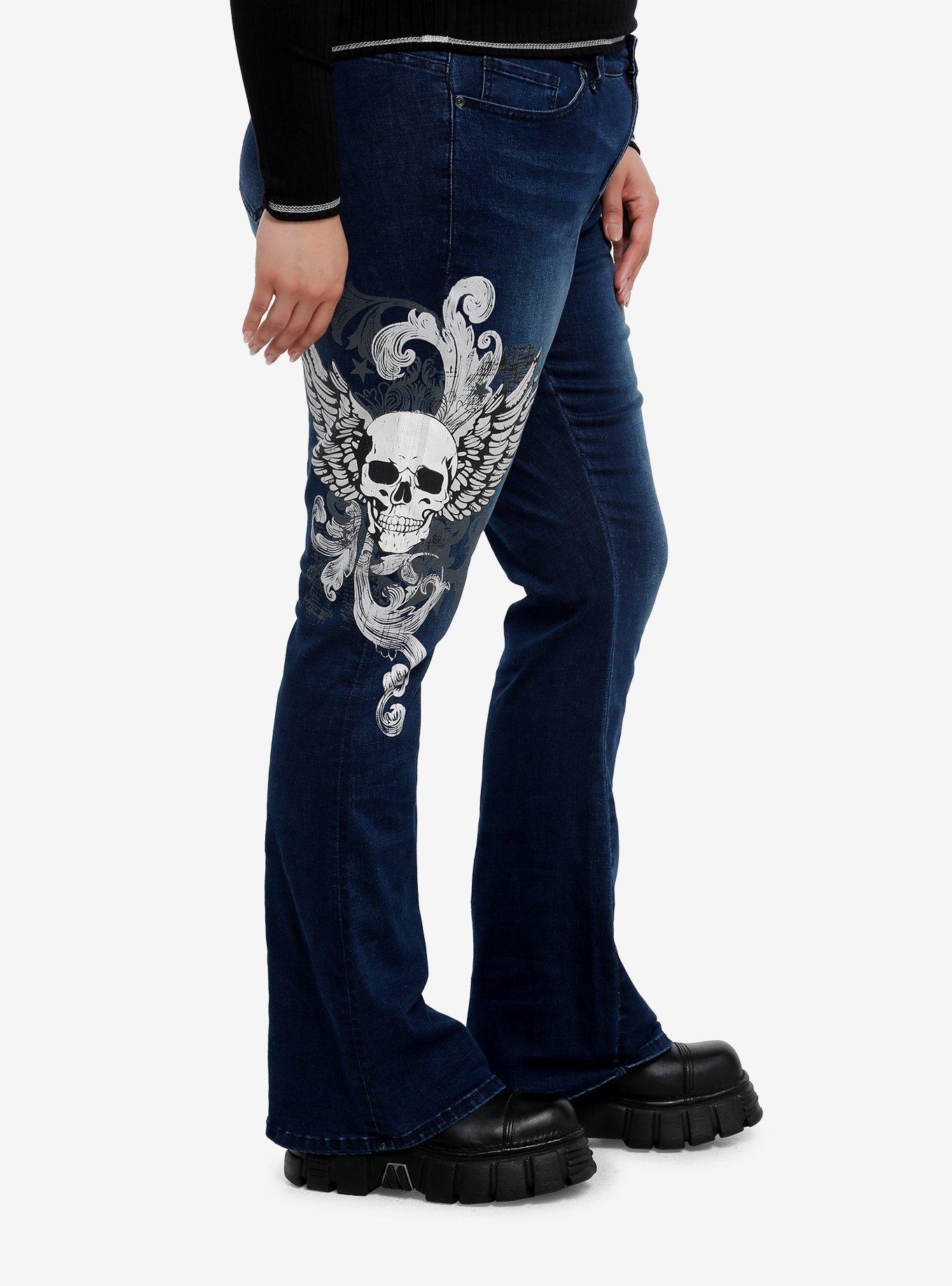 Indigo Winged Skull Low Rise Flare Jeans Plus Size, BLACK, alternate