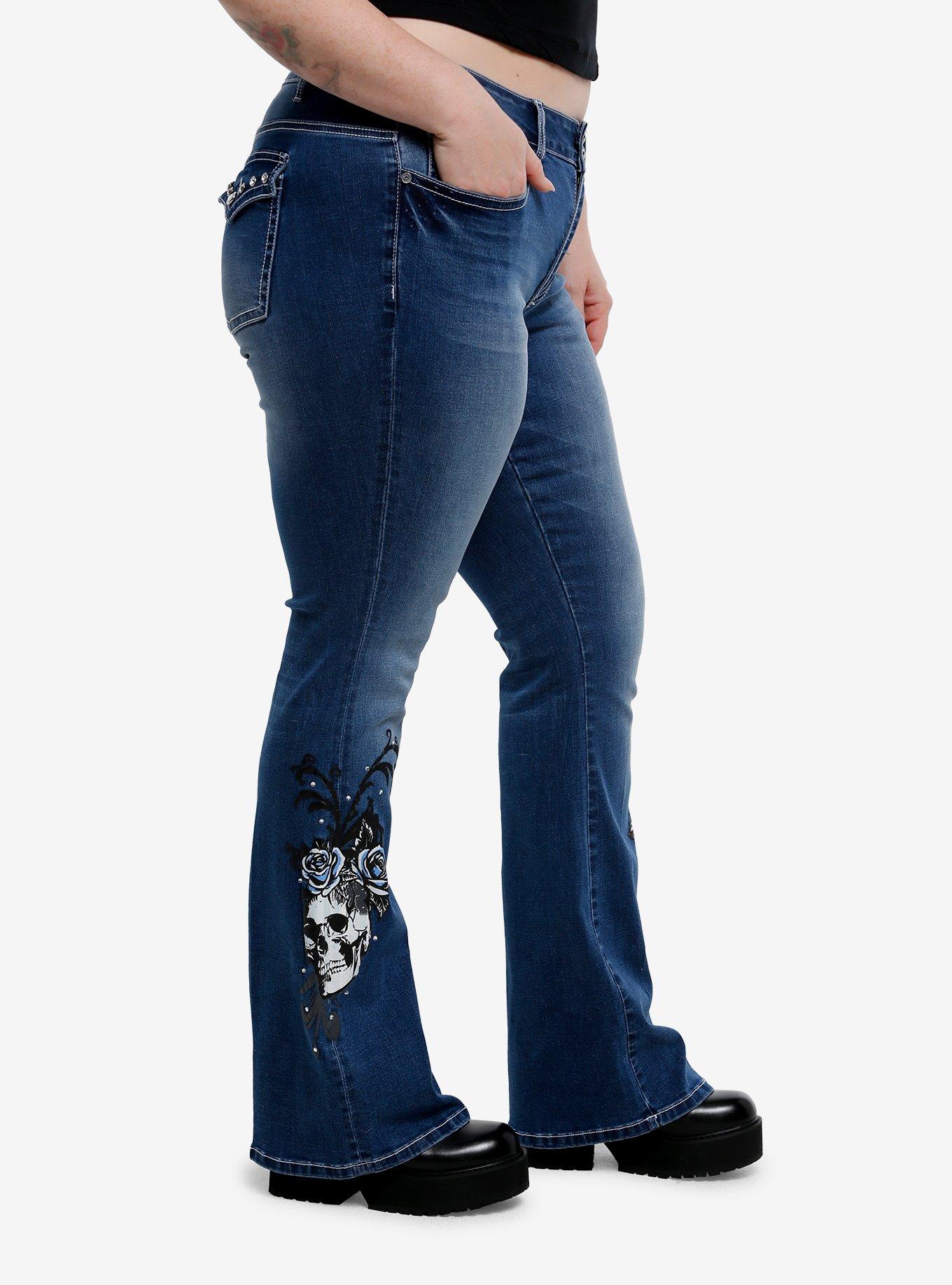 Dark Indigo Skull Rose Rhinestone Flare Denim Pants Plus Size, GREY, alternate