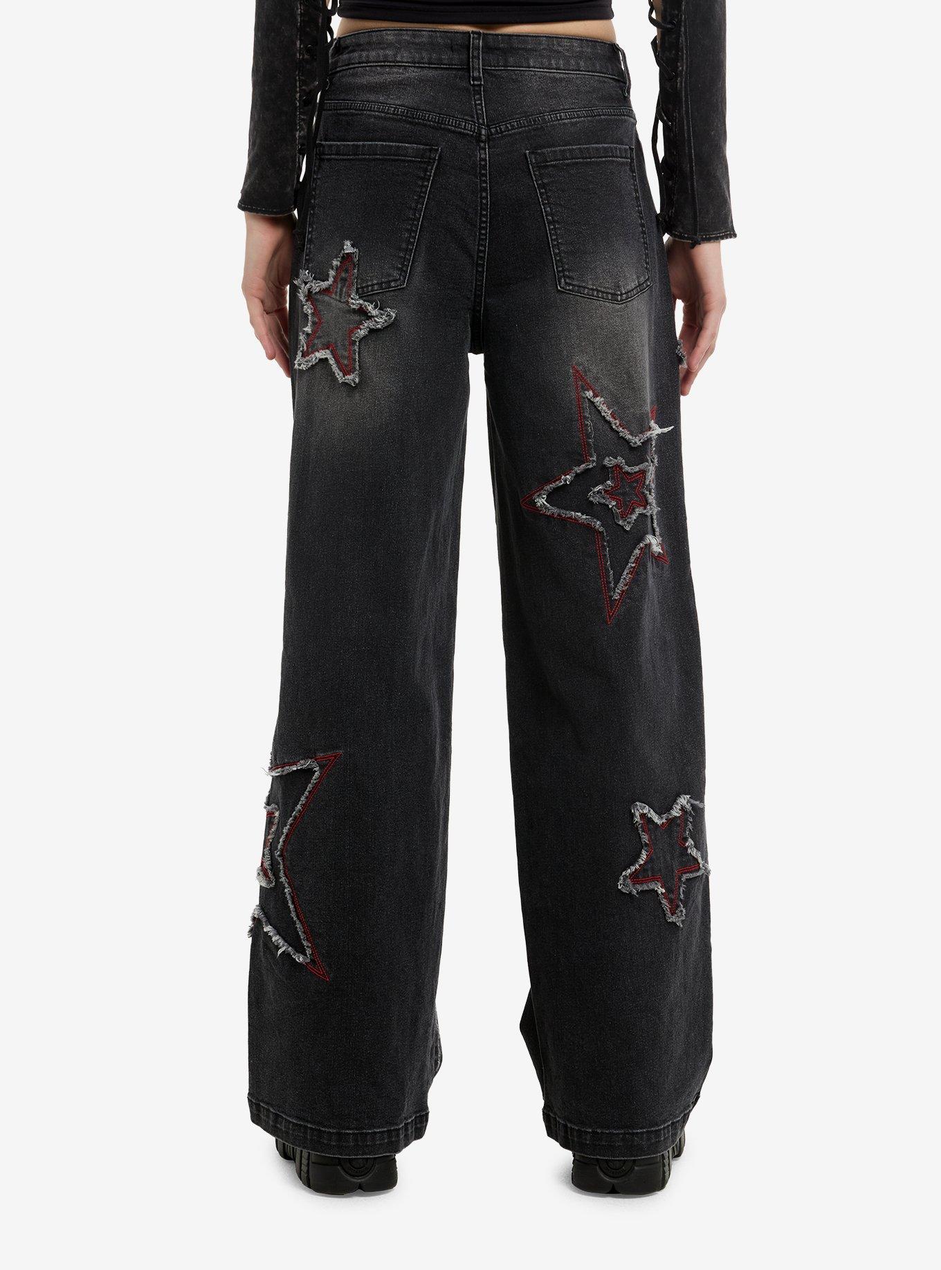 Red & Grey Distressed Stars Wide Leg Jeans, , hi-res